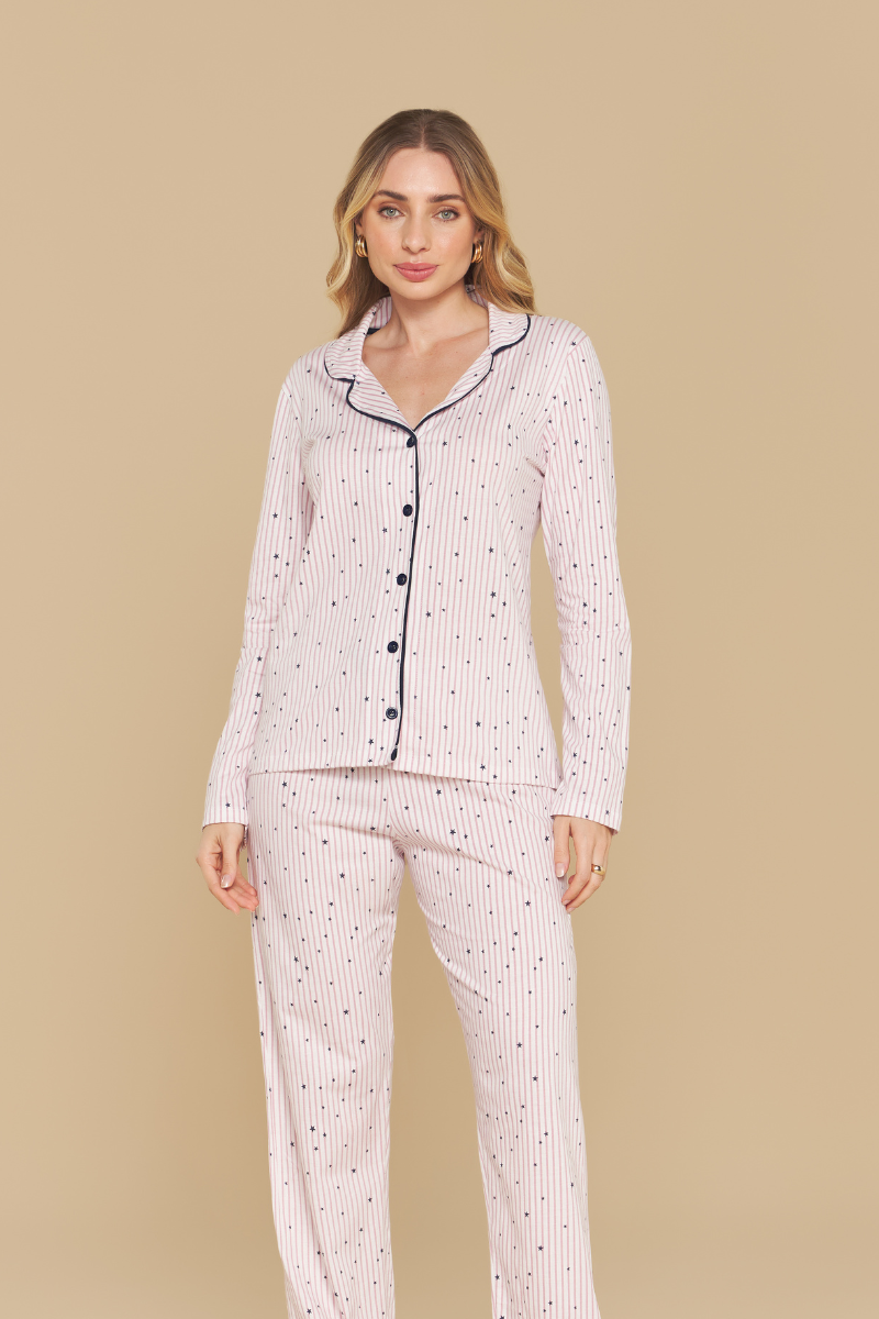 Pijama Básico Americano Manga Longa com Calça em Algodão Shine Rosa Listrado – Sensare® 140226