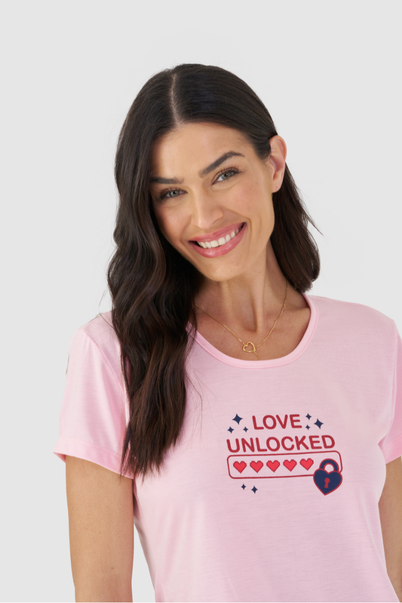 Pijama Básico Meia Manga com Short em Meia Malha Amor Desbloqueado – Mensageira da Paz® 033499