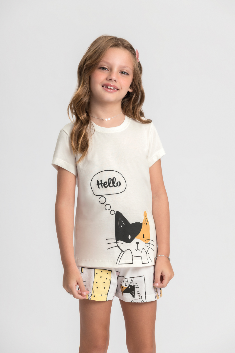 Pijama Infantil Meia Manga com Short Algodão Meow Kitty – Mensageiro dos Sonhos® 0132136