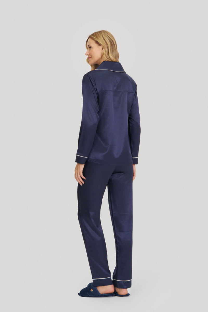 Pijama Americano Manga Longa com Calça em Cetim Glamour Azul Marinho – Mensageiro dos Sonhos® 0141536
