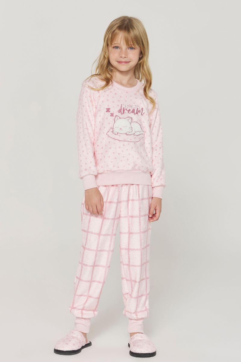 Pijama Feminino Infantil Manga Longa com Calça Poá Rosa Fleece – Danka® 01.2.0406