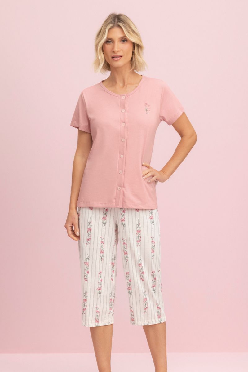 Pijama Feminino Meia Manga com Calça Capri Aberta Veneza - Lua Encantada® 10140094