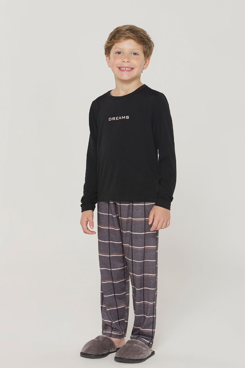 Pijama Masculino Infantil Manga Longa com Calça Xadrez Peach Touch – Danka® 01.2.0391