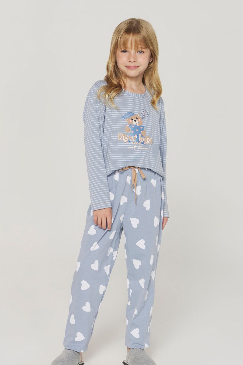Pijama Feminino Infantil Manga Longa com Calça Listra Coração – Danka® 01.2.0386