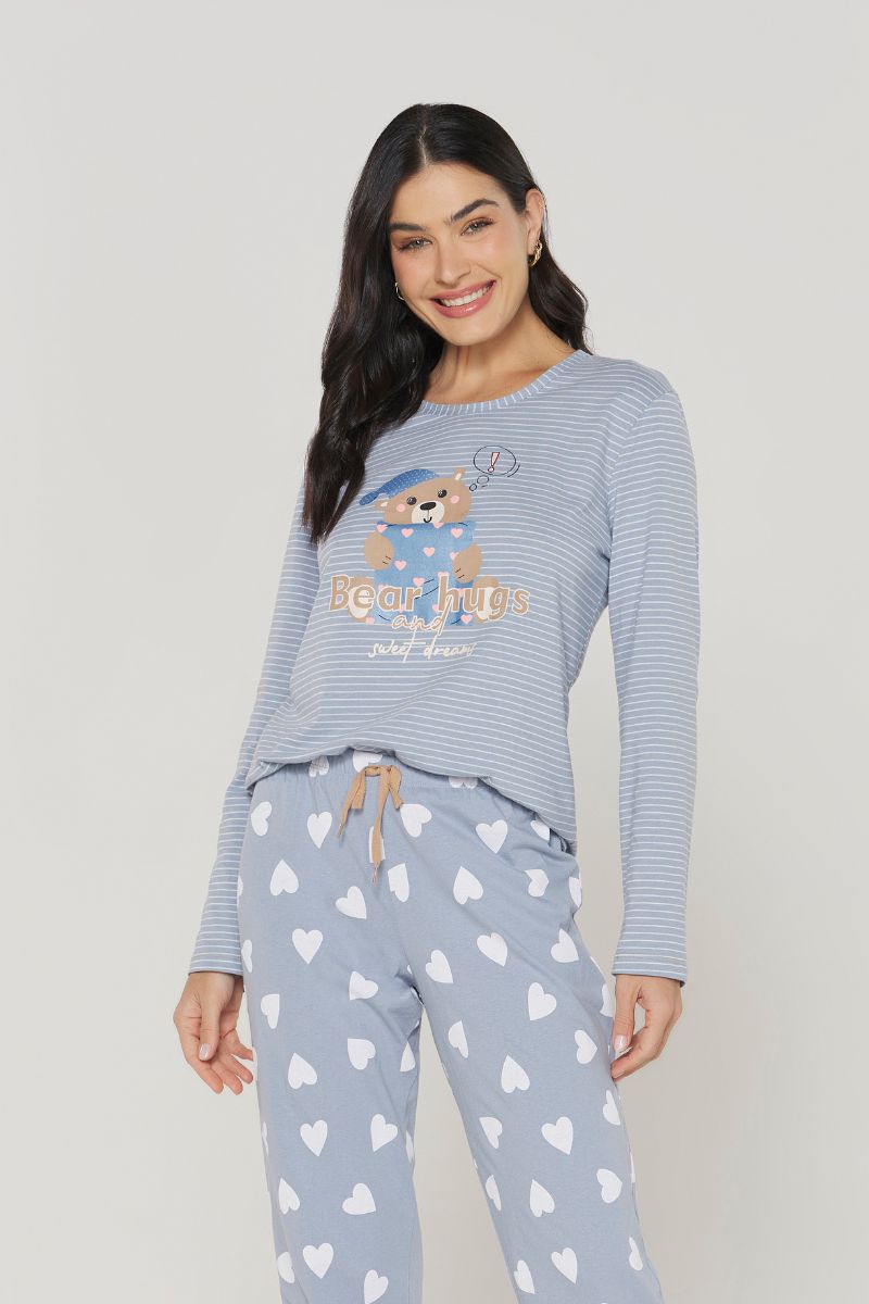 Pijama Manga Longa com Calça Listra Coração – Danka® 01.2.0385