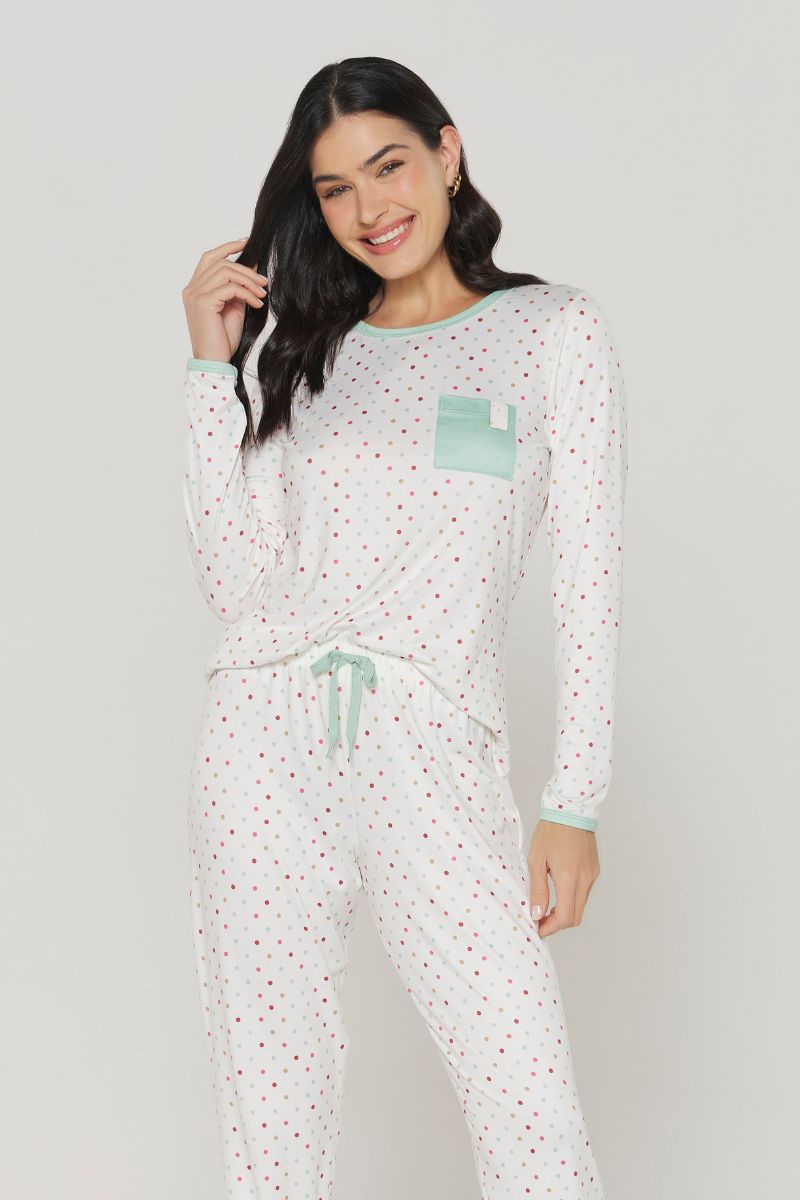 Pijama Manga Longa com Calça Bolinha Verde – Danka® 01.2.0352