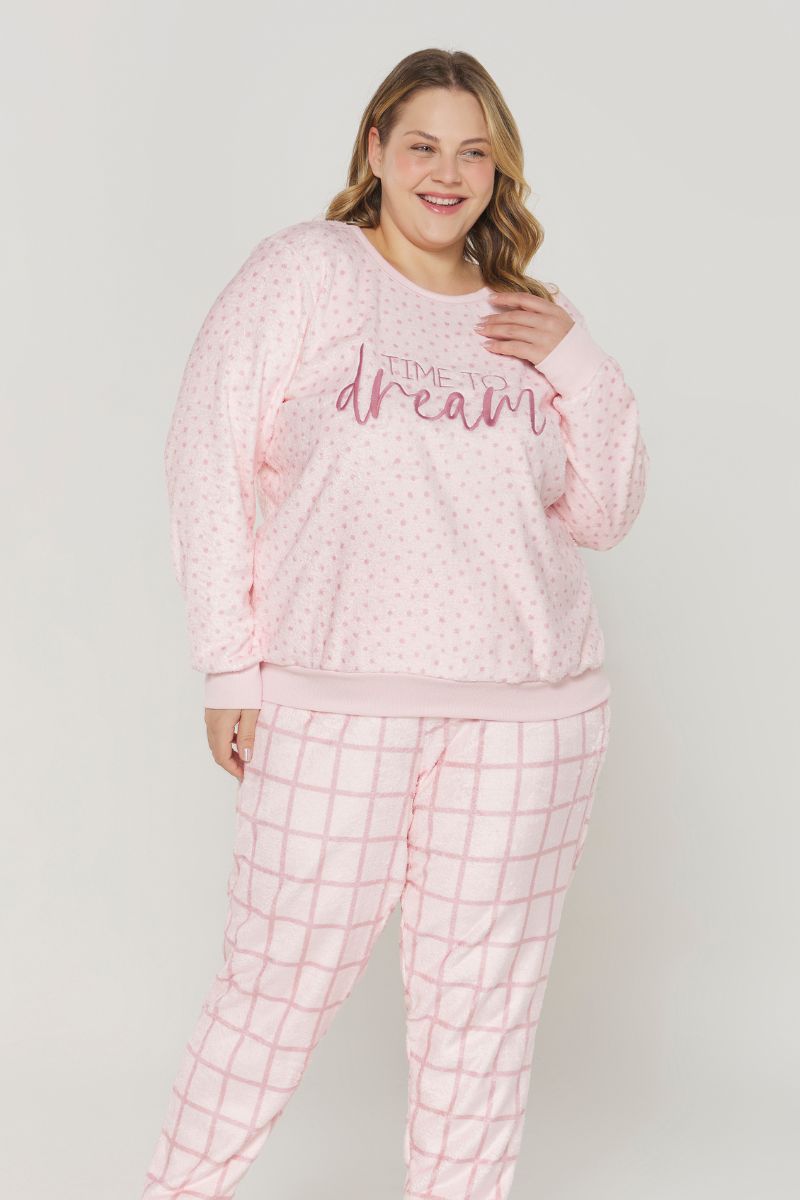Pijama Manga Longa com Calça Poá Rosa Plus Size – Danka® 01.2.0404