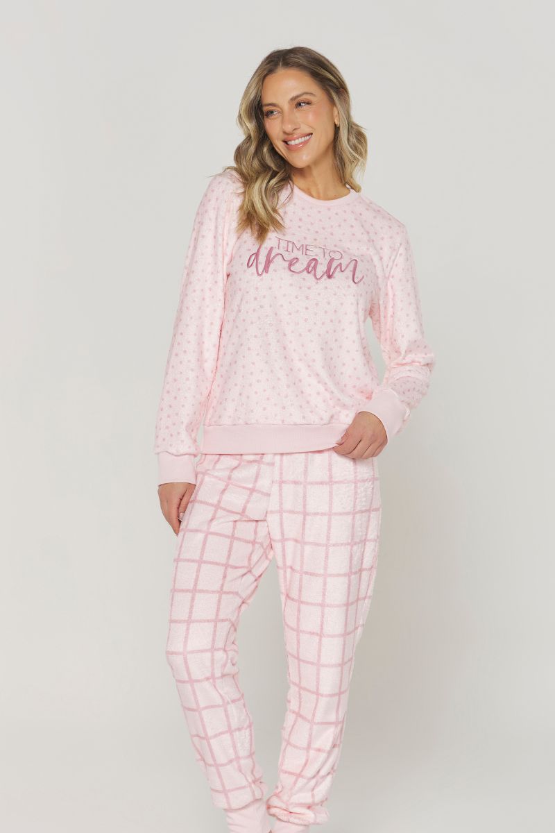 Pijama Manga Longa com Calça Poá Rosa – Danka® 01.2.0403
