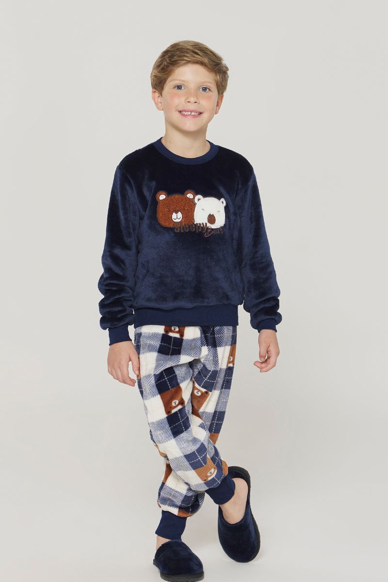 Pijama Masculino Infantil Manga Longa com Calça Urso Marinho Fleece – Danka® 01.2.0397