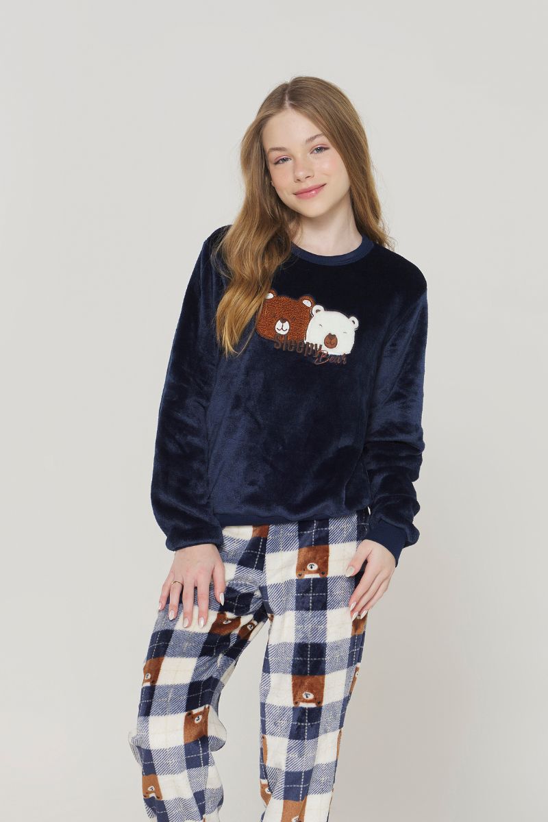 Pijama Feminino Infantil Manga Longa com Calça Urso Marinho Fleece – Danka® 01.2.0395