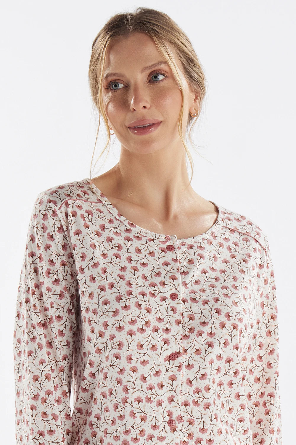 Camisola Manga Longa Estampa Floral com Abertura Frontal – Pzama® 050275