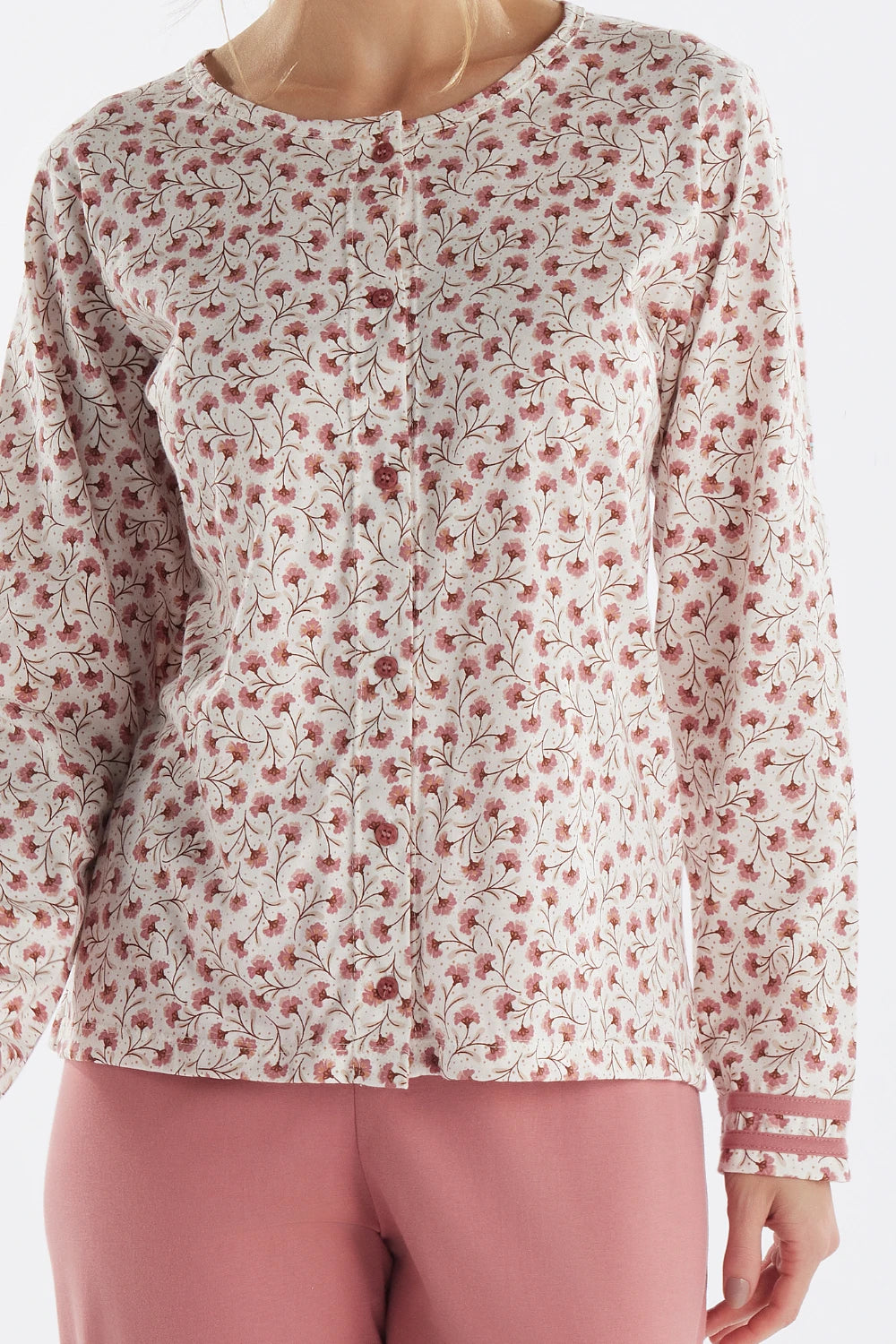 Pijama Manga Longa Abertura Frontal Floral com Calça Lisa – Pzama® 050271