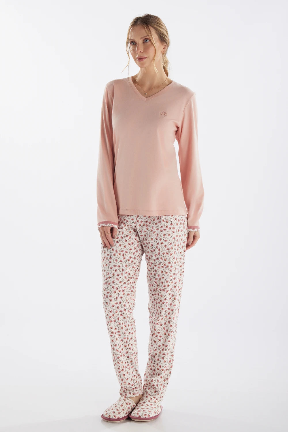 Pijama Manga Longa em Malha com Calça Floral – Pzama® 050269