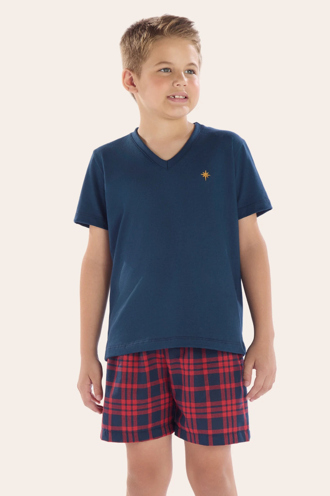 Pijama Masculino Infantil/Juvenil Meia Manga com Bermuda Xadrez Vermelho e Azul – Pzama® 080088