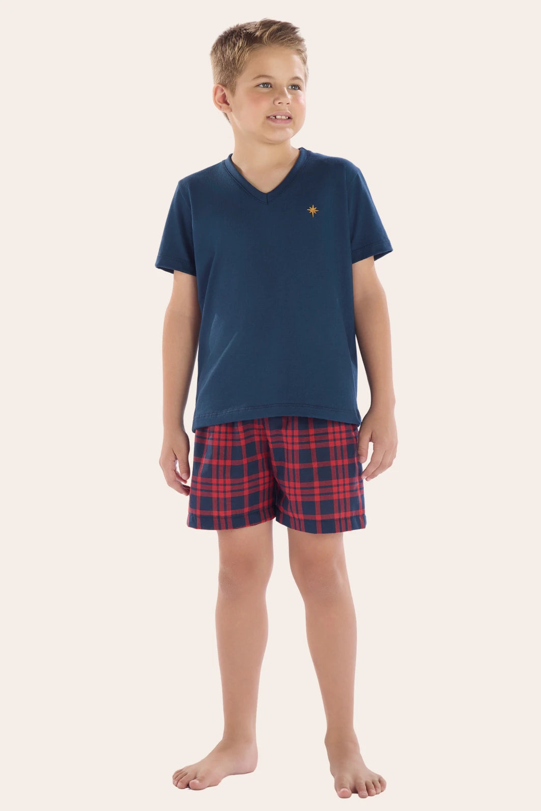 Pijama Masculino Infantil/Juvenil Meia Manga com Bermuda Xadrez Vermelho e Azul – Pzama® 080088