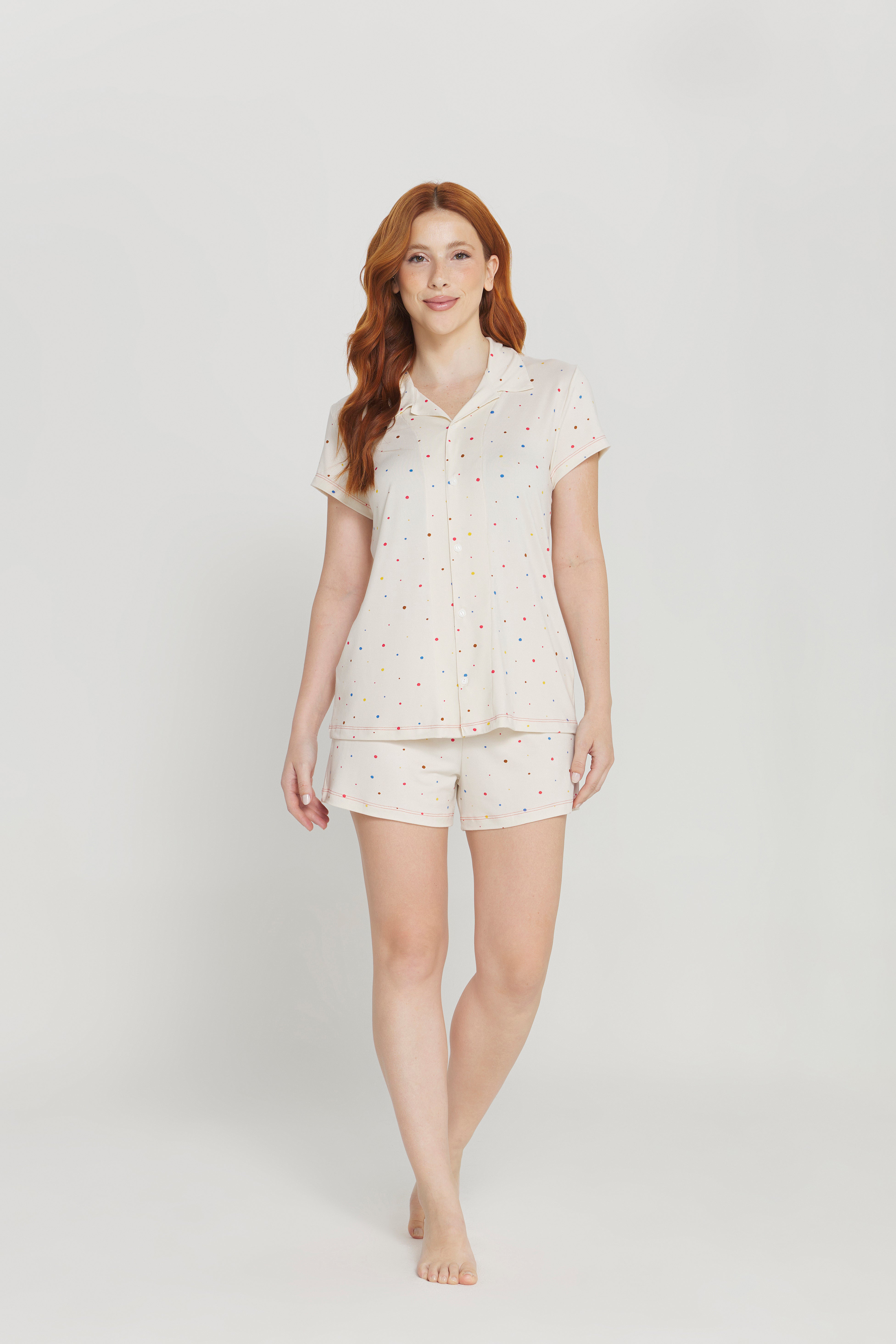 Pijama Jovial Americano Meia Manga com Short Peach Touch Poá Colorido – Danka® 01.1.0252