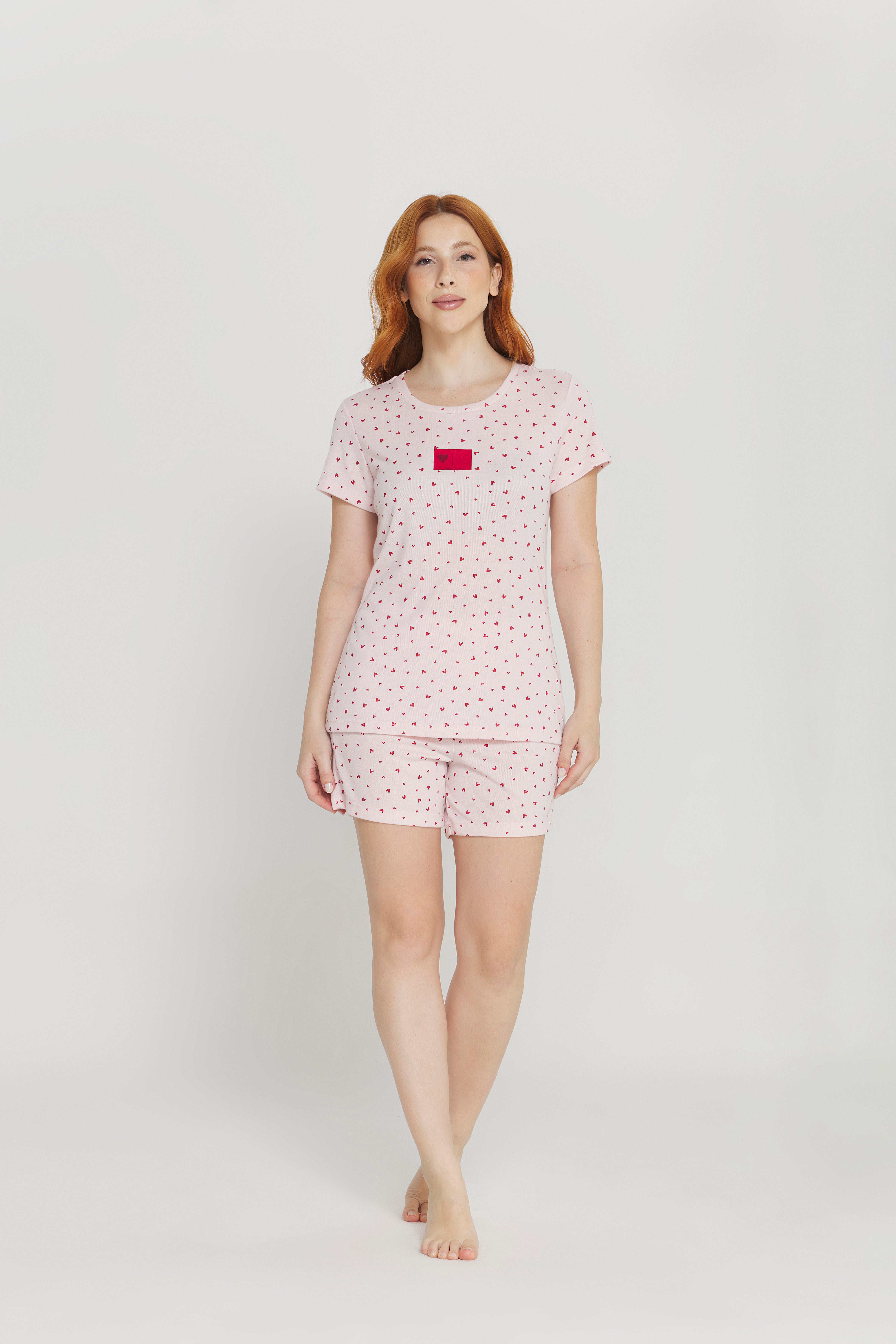 Pijama Jovial Meia Manga com Short em Ribana Poliviscose Coração da Danka®  01.1.0324