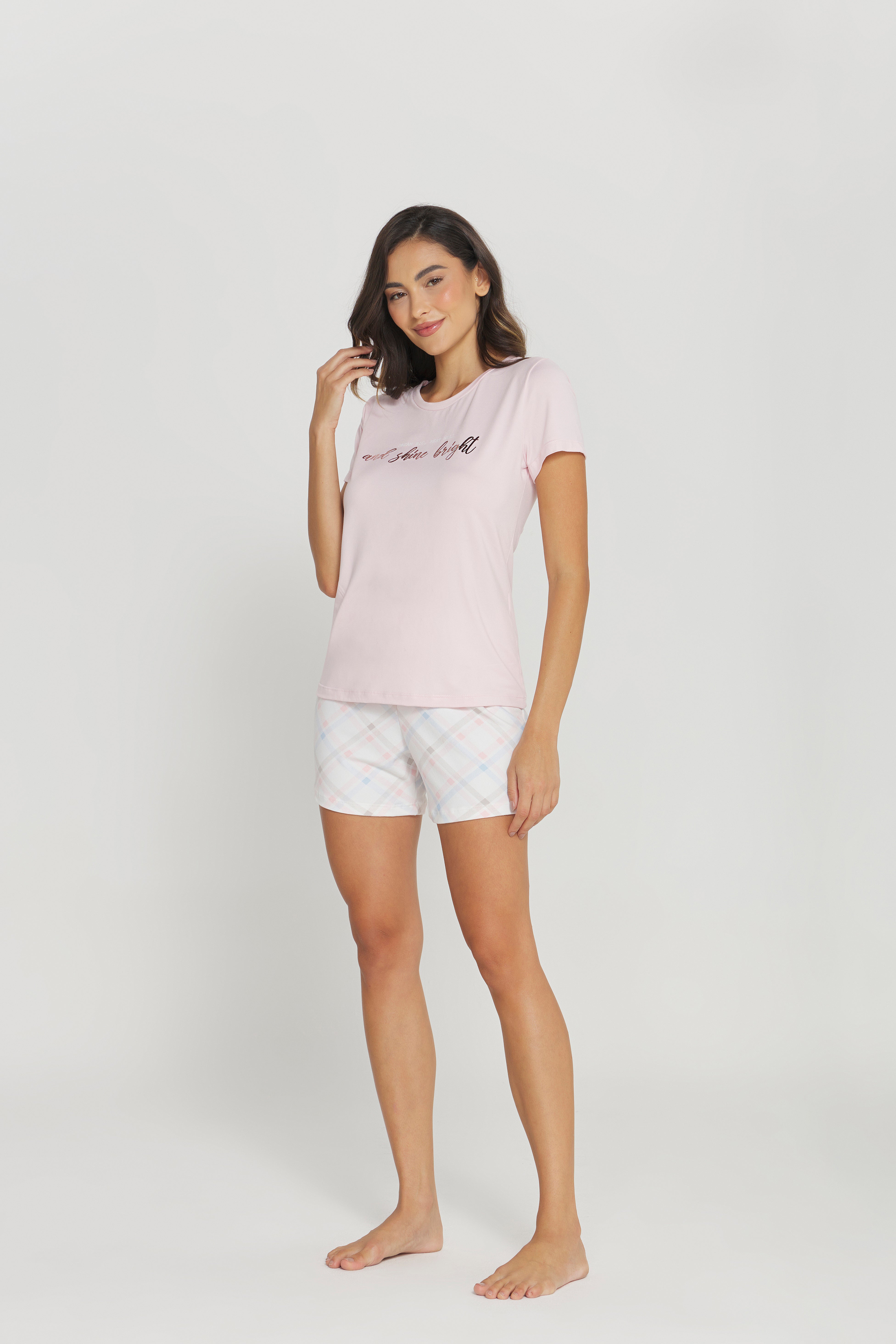 Pijama Jovial Meia Manga com Short Peach Touch Xadrez – Danka® 01.1.0350