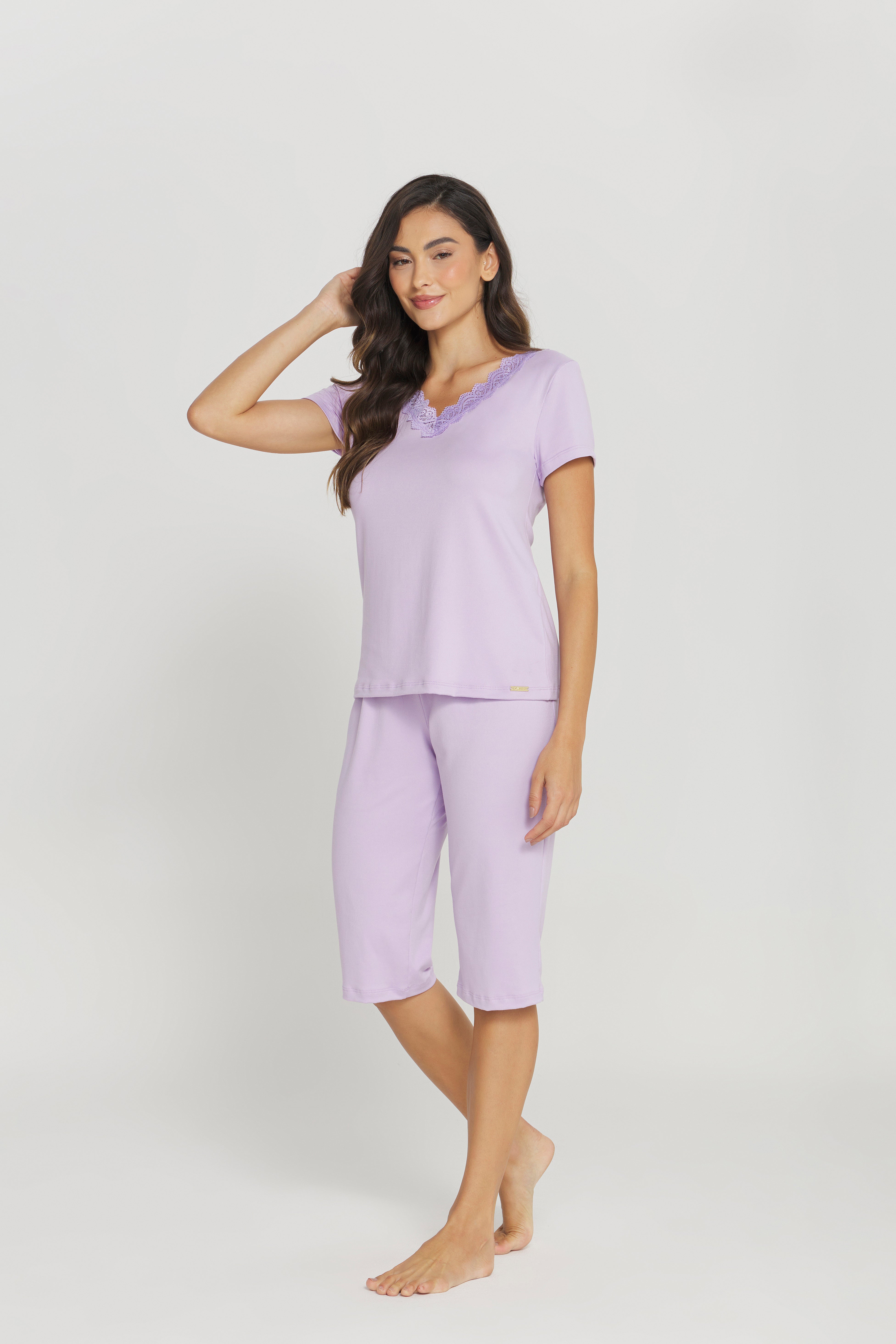 Pijama Básico Meia Manga com Capri Peach Touch Lilás – Danka® 01.1.0353