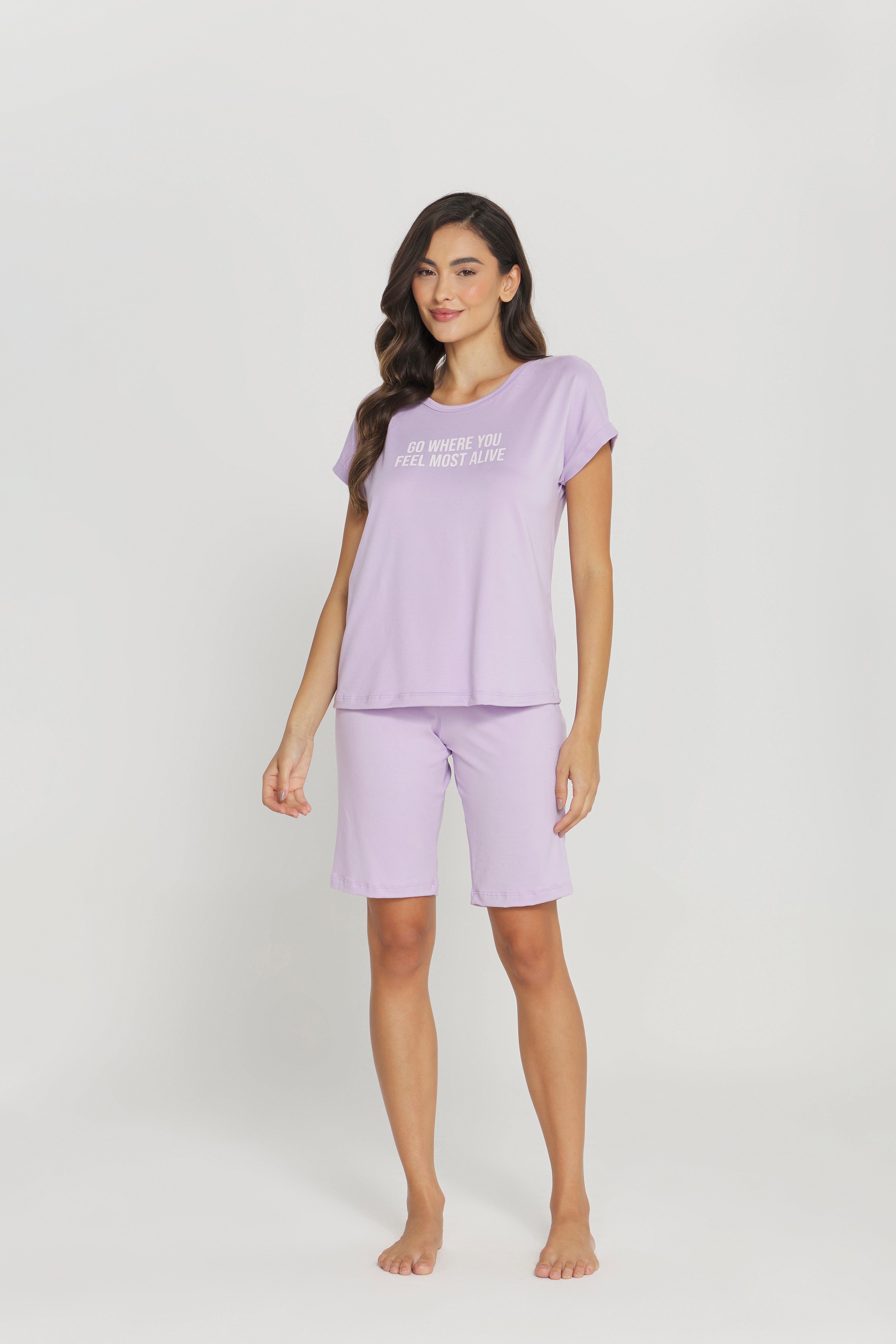 Pijama Básico Meia Manga com Bermuda Peach Touch Lilás – Danka® 01.1.0354