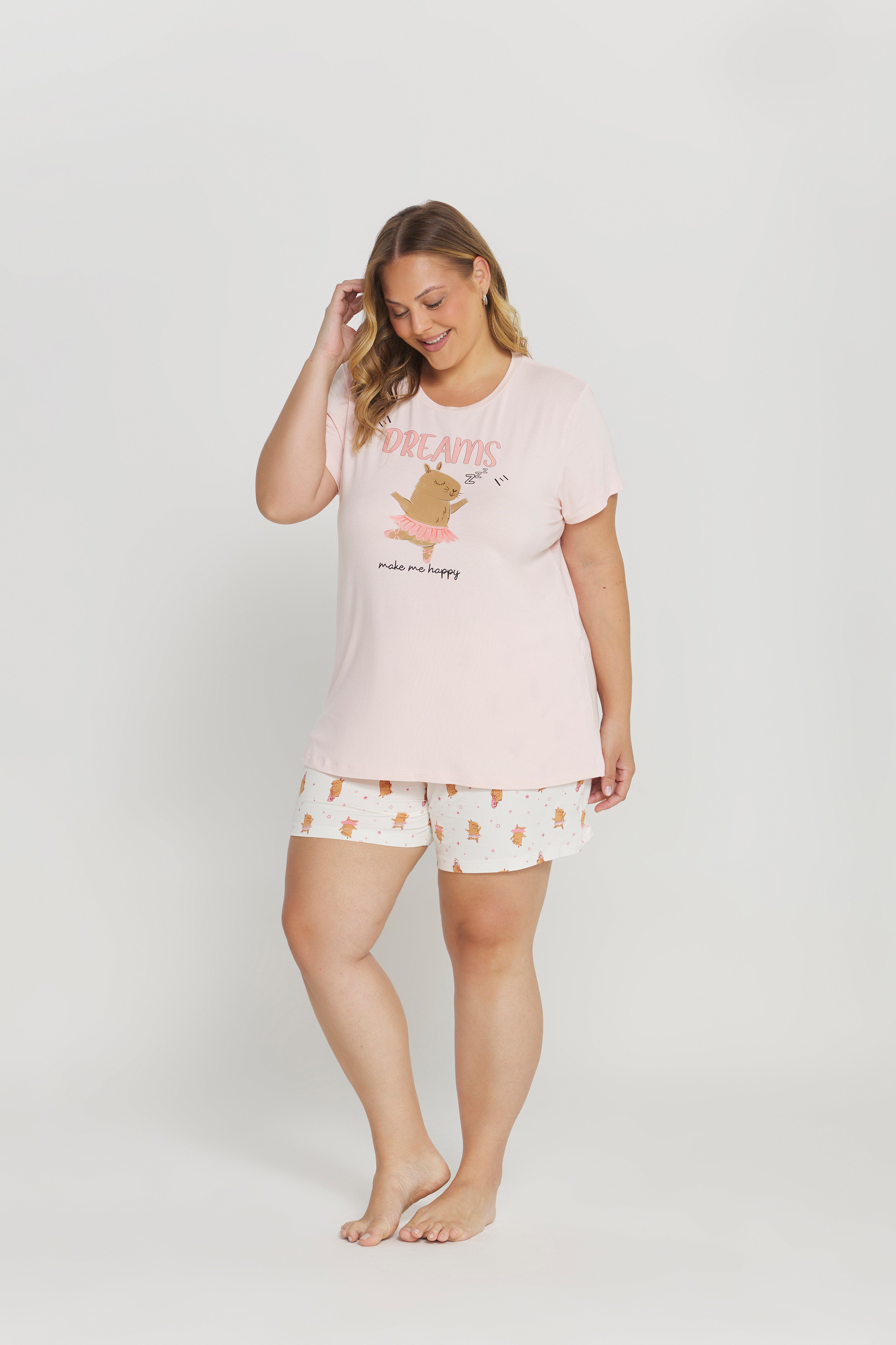 Pijama Plus Meia Manga com Short Poliviscose Capivara – Danka® 01.1.0396