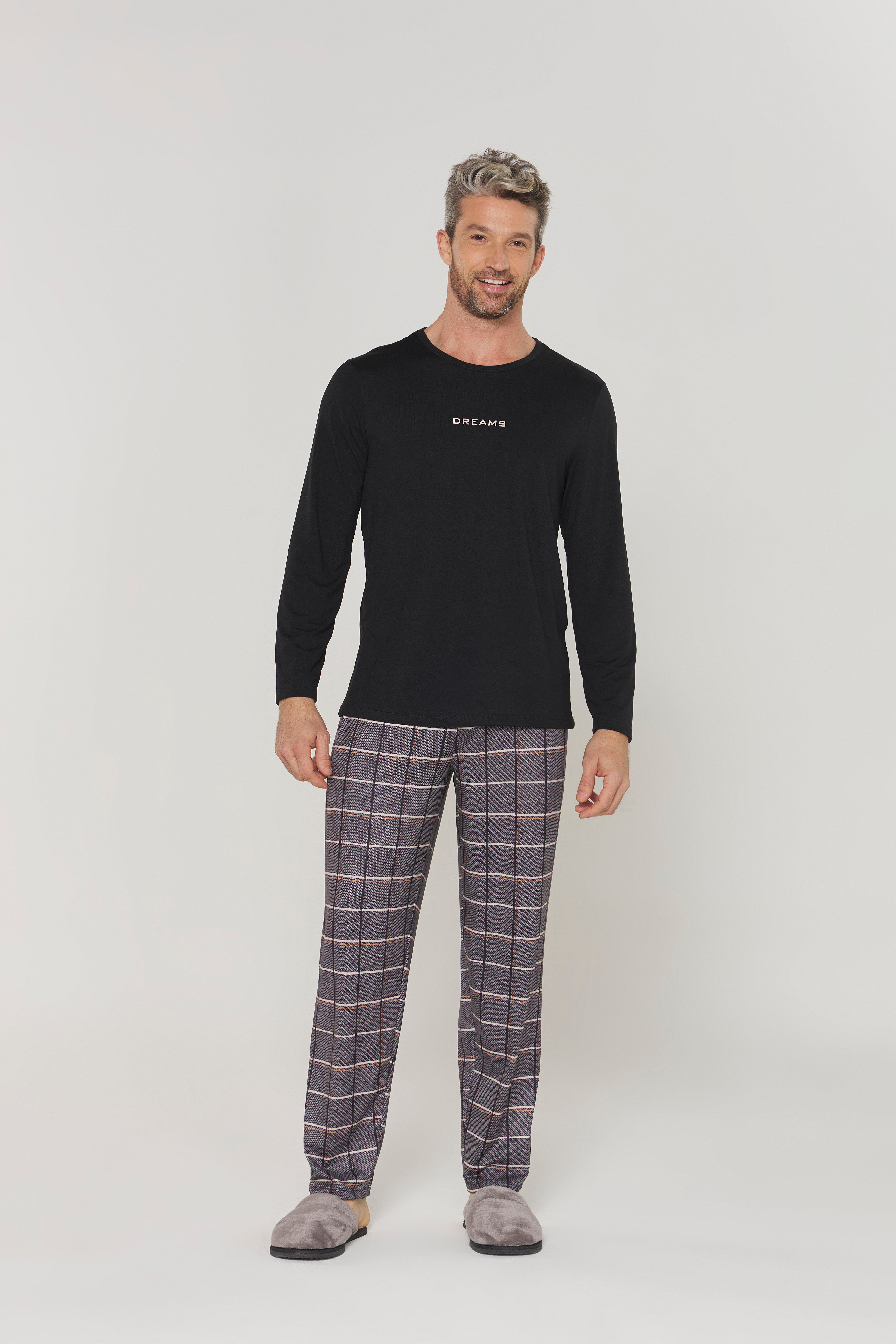 Pijama Masculino Manga Longa com Calça Xadrez Peach Touch – Danka® 01.2.0390
