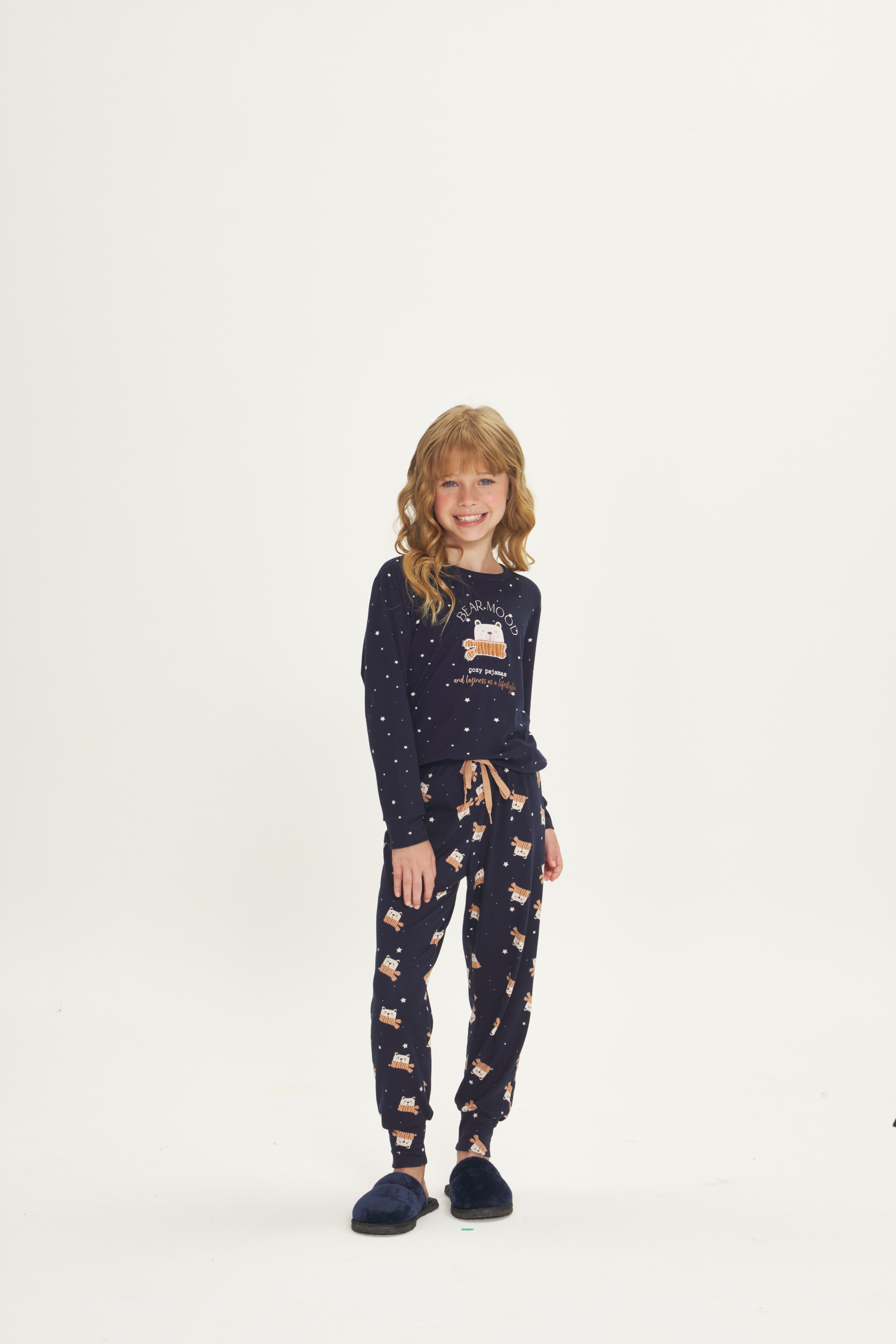 Pijama Infantil Feminino Manga Longa com Calça Peach Touch Estrela Azul Marinho – Danka® 01.2.0490/91