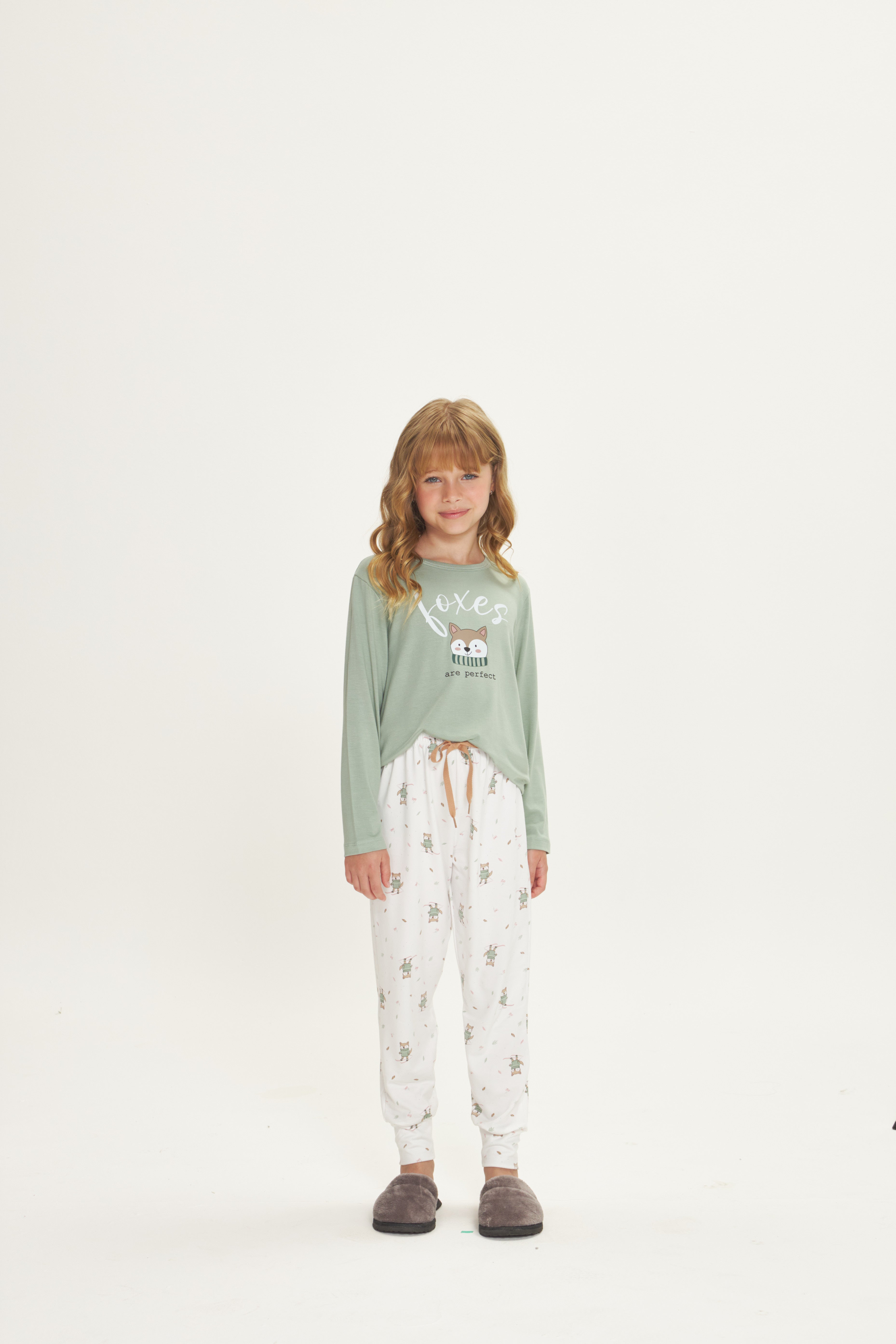 Pijama Infantil Feminino Manga Longa com Calça Peach Touch Estampa Raposa Verde – Danka® 01.2.0511/12
