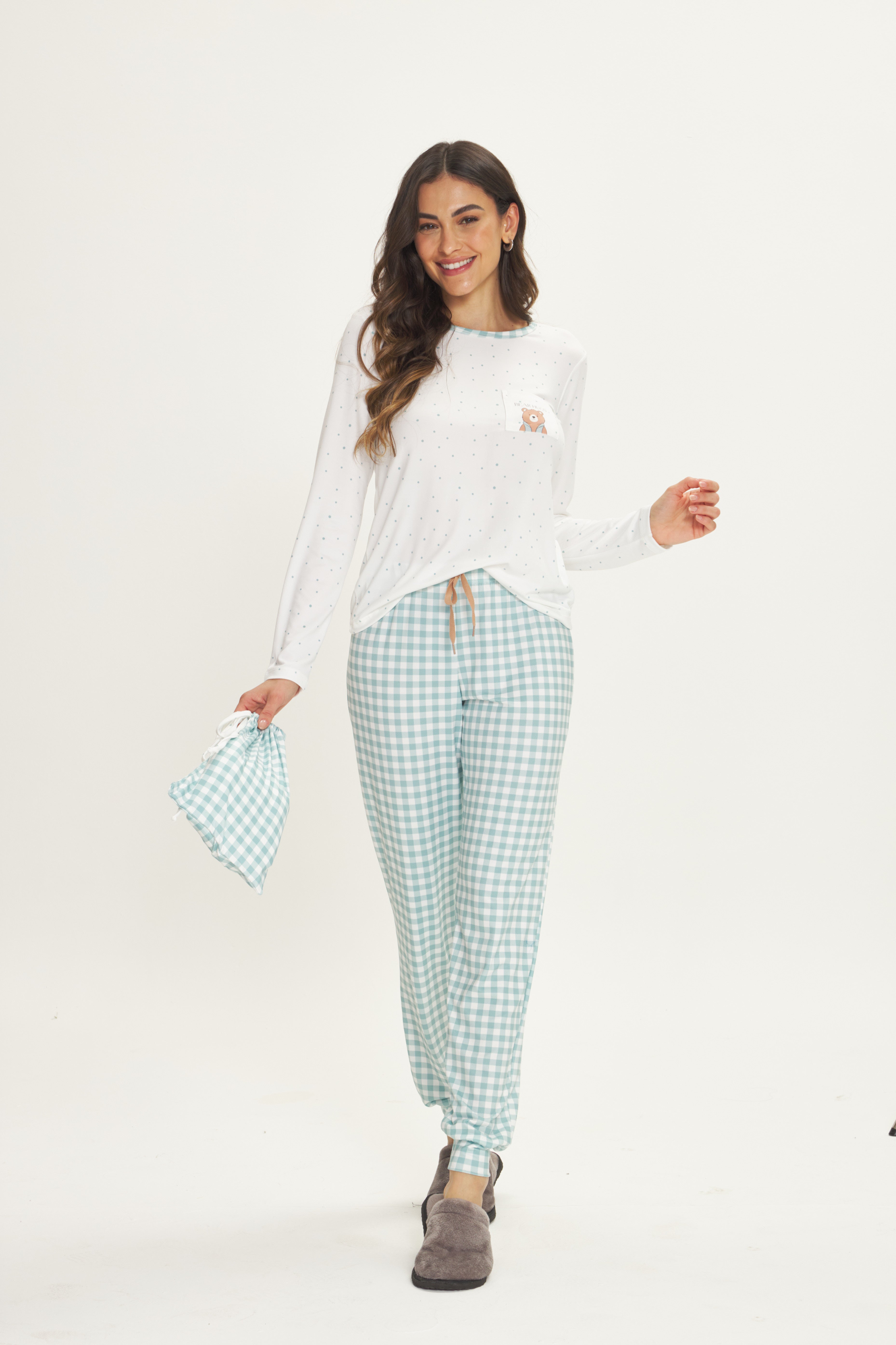 Pijama Jovial Manga Longa com Calça Peach Touch Poá e Xadrez Vichy – Danka® 01.2.0513 - VERDE