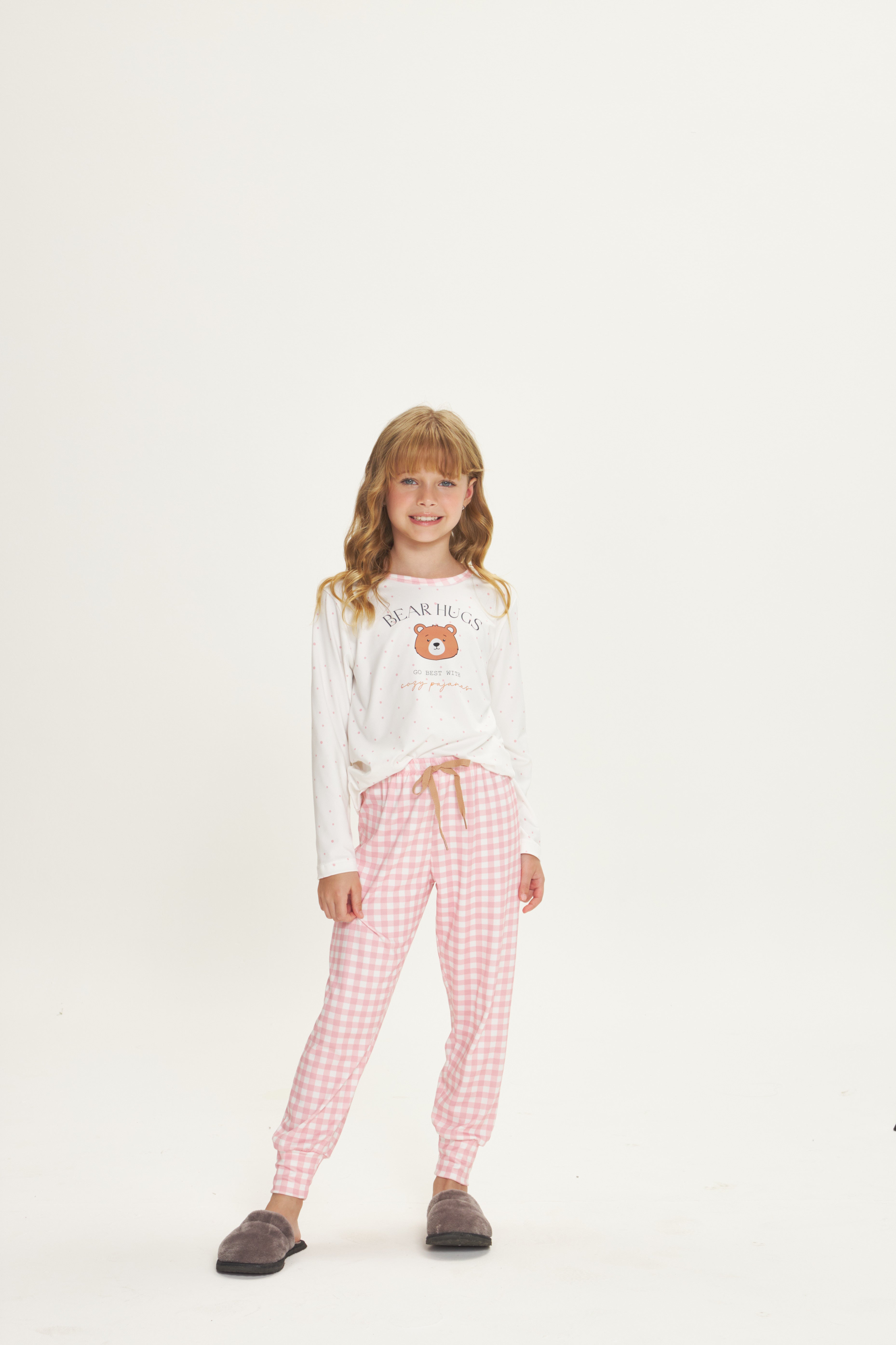 Pijama Infantil Feminino Manga Longa com Calça Peach Touch Poá e Xadrez Rosa – Danka® 01.2.0515/16