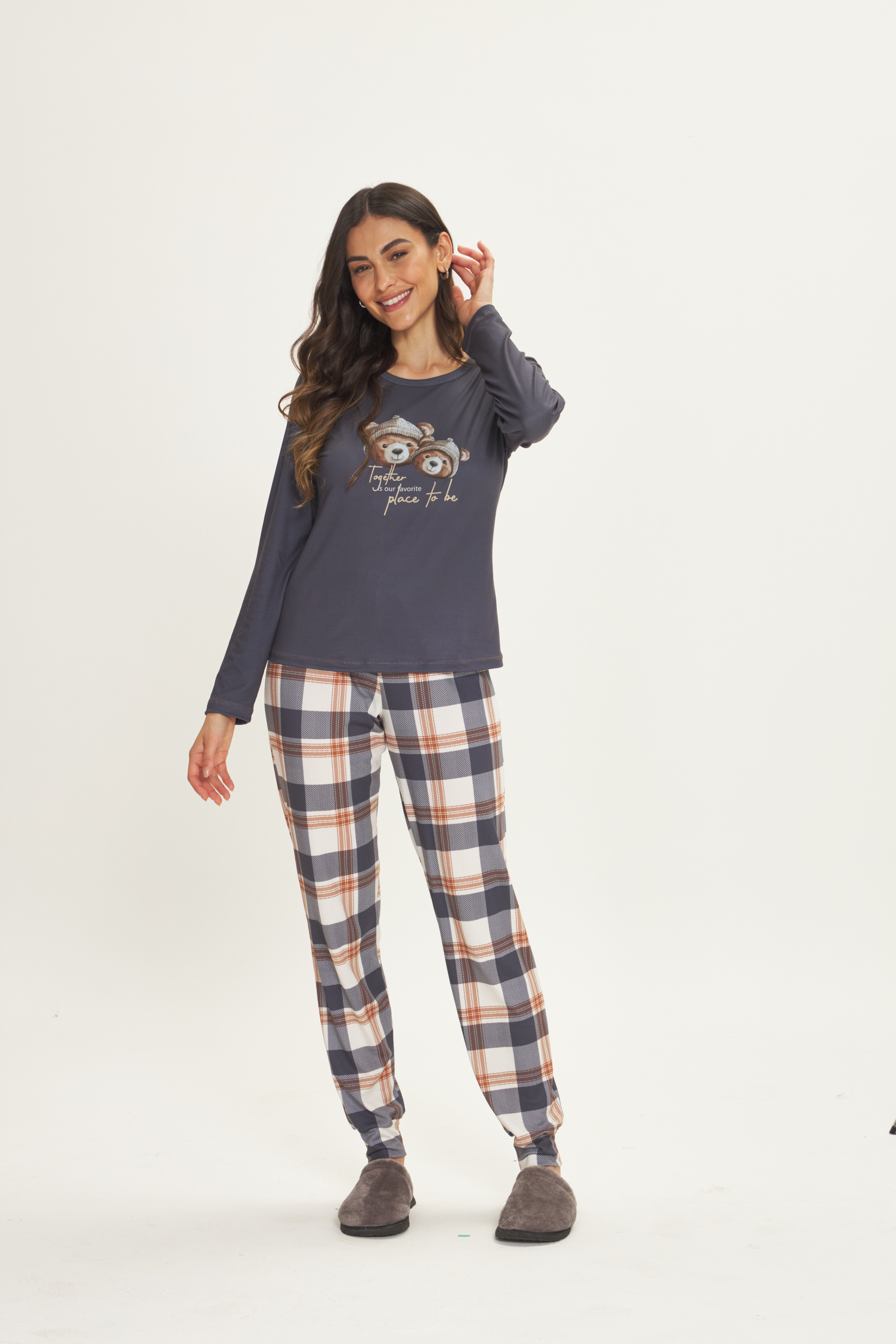 Pijama Jovial Manga Longa com Calça Peach Touch Peluciada Xadrez Ursinhos – Danka® 01.2.0528