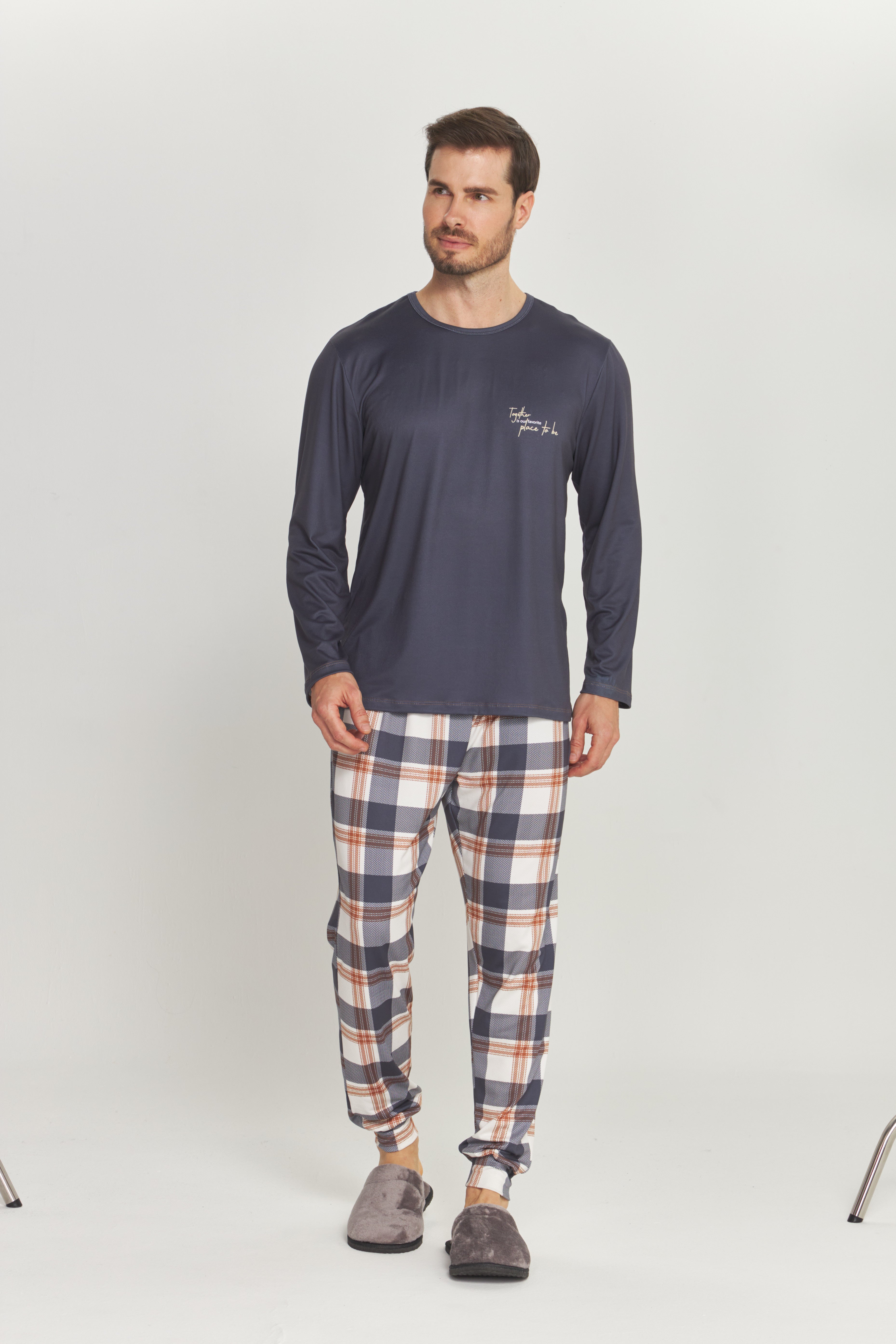 Pijama Masculino Manga Longa com Calça Peach Touch Peluciada Xadrez Cinza – Danka® 01.2.0531