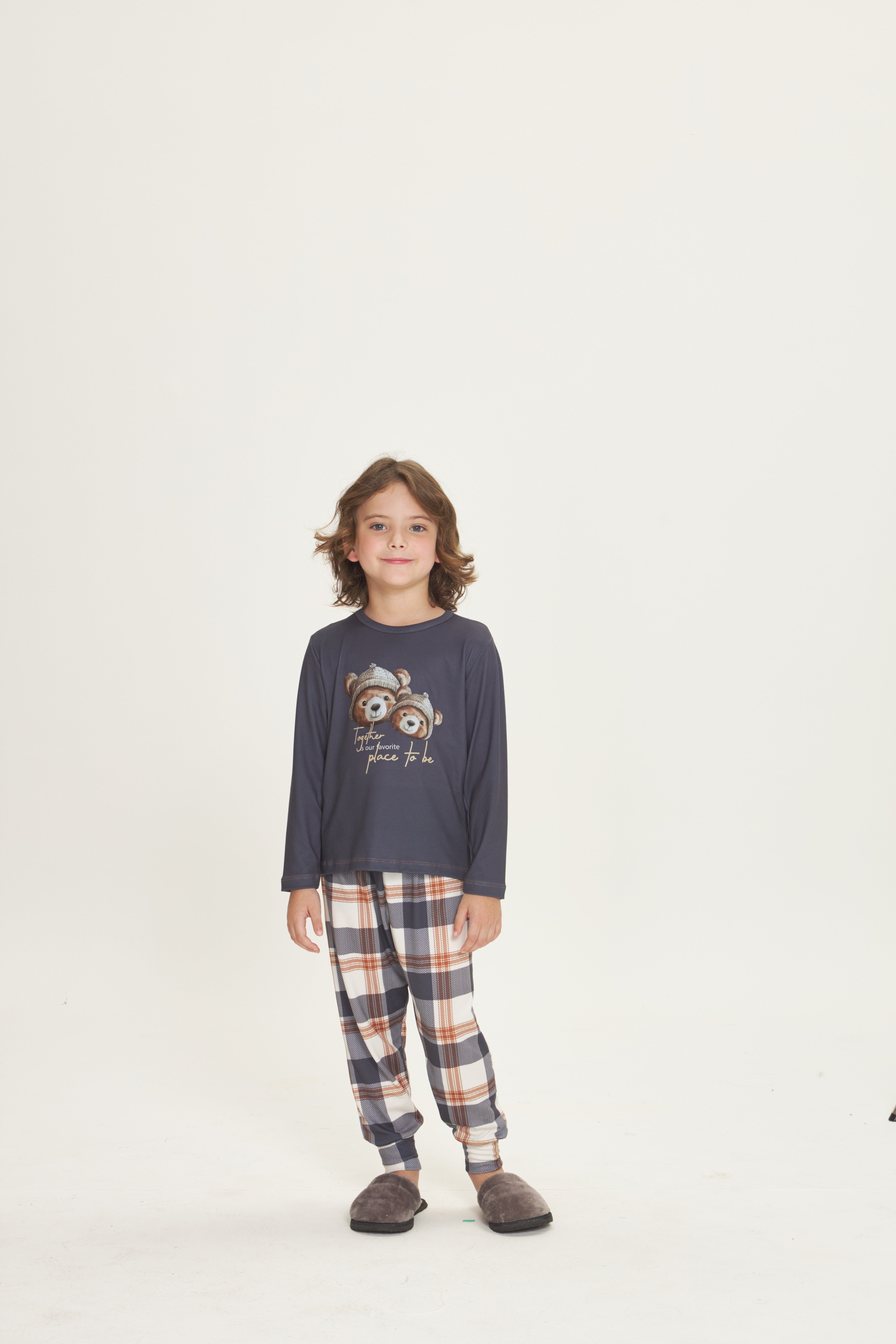 Pijama Infantil Masculino Manga Longa com Calça Peach Touch Peluciada Ursinhos e Xadrez Chumbo – Danka® 01.2.0532/33