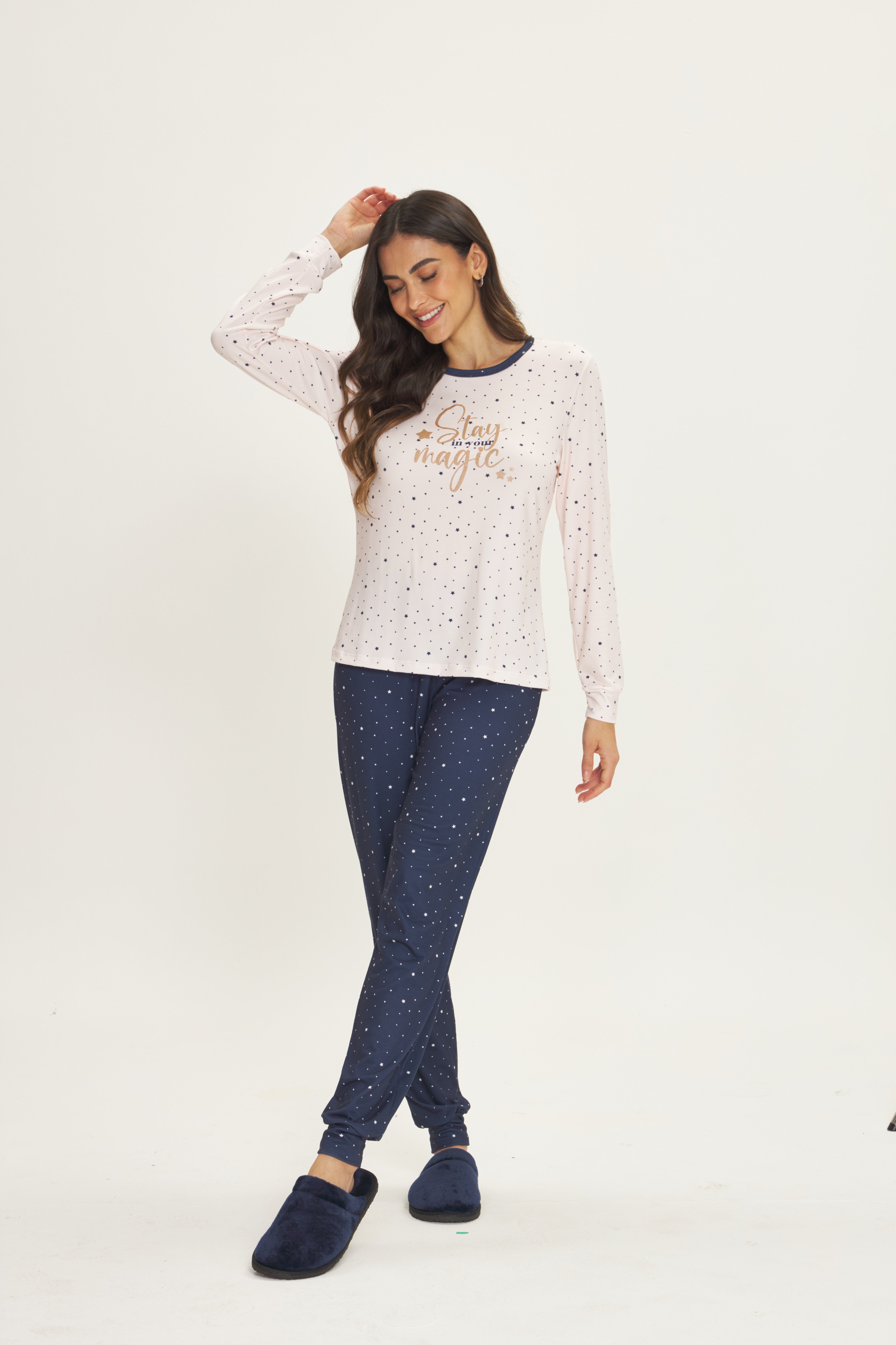 Pijama Jovial Manga Longa com Calça Peach Touch Peluciada Poá Rosé e Marinho – Danka® 01.2.0538