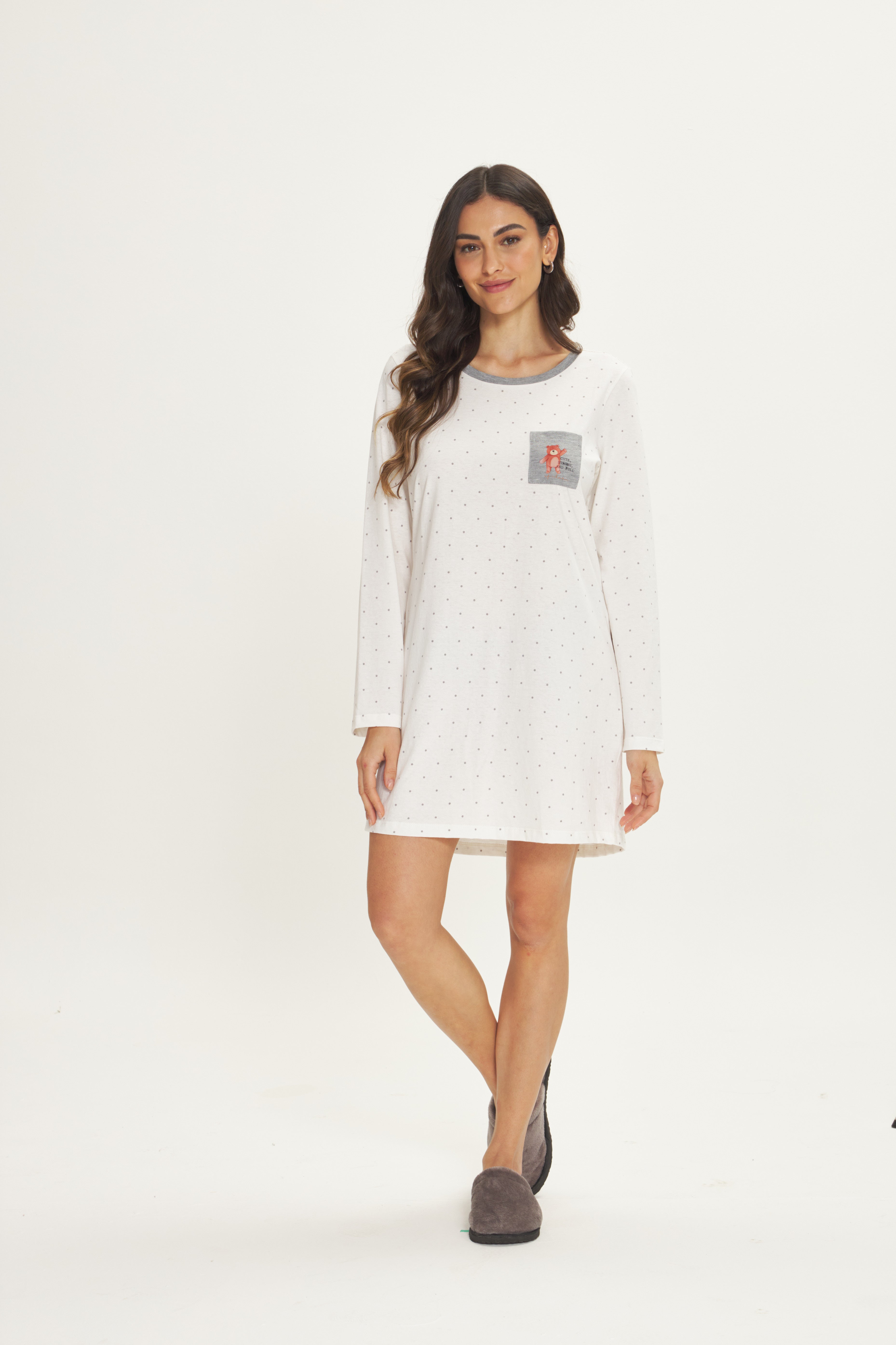 Camisola Manga Longa em Algodão Poá com Bolso Ursinho – Danka® 01.2.0542