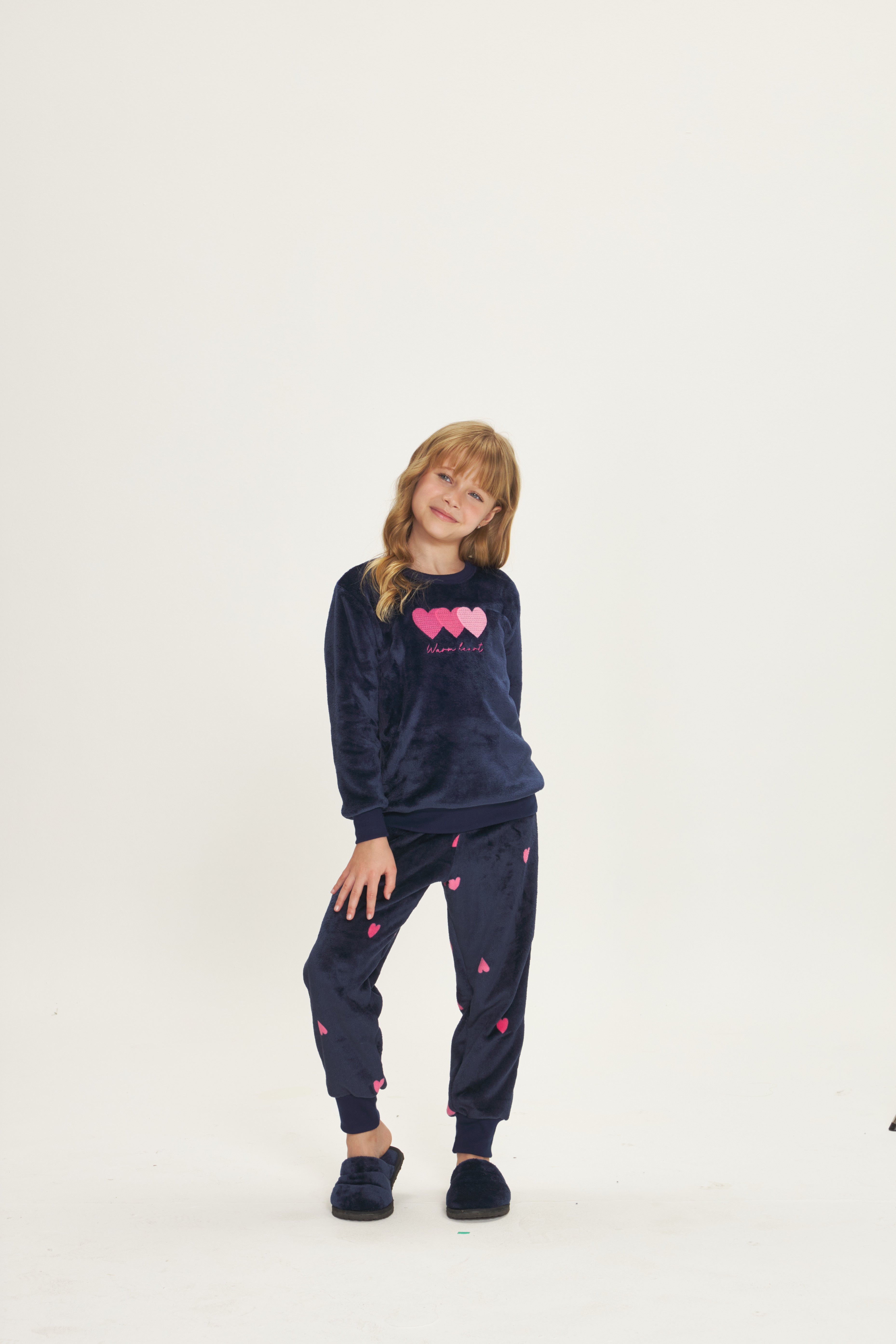 Pijama Infantil Feminino Manga Longa com Calça Fleece Marinho Corações – Danka® 01.2.0568/69