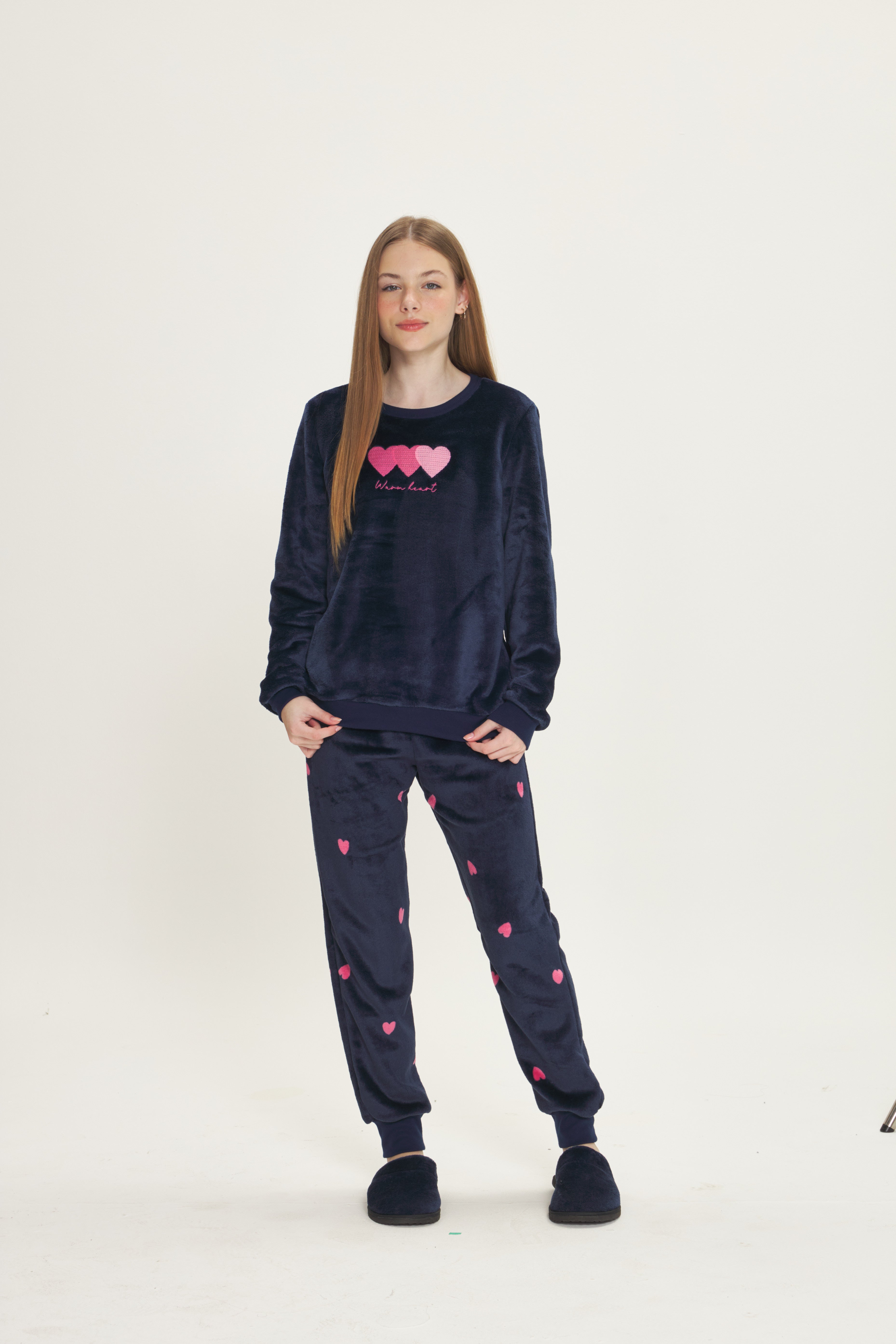 Pijama Infantil Feminino Manga Longa com Calça Fleece Marinho Corações – Danka® 01.2.0568/69