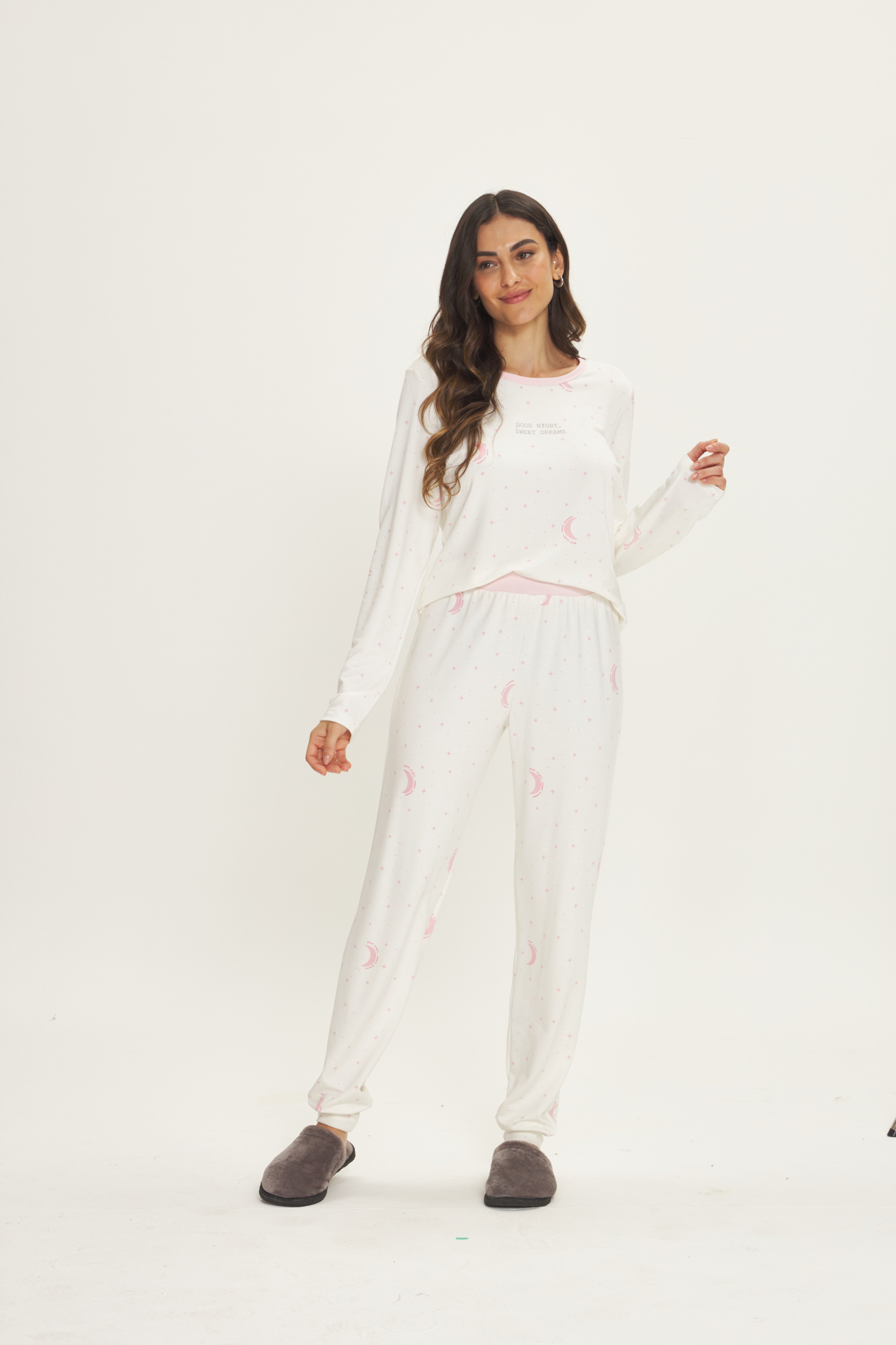 Pijama Jovial Manga Longa com Calça em Molevisco Lua Off White – Danka® 01.2.0583