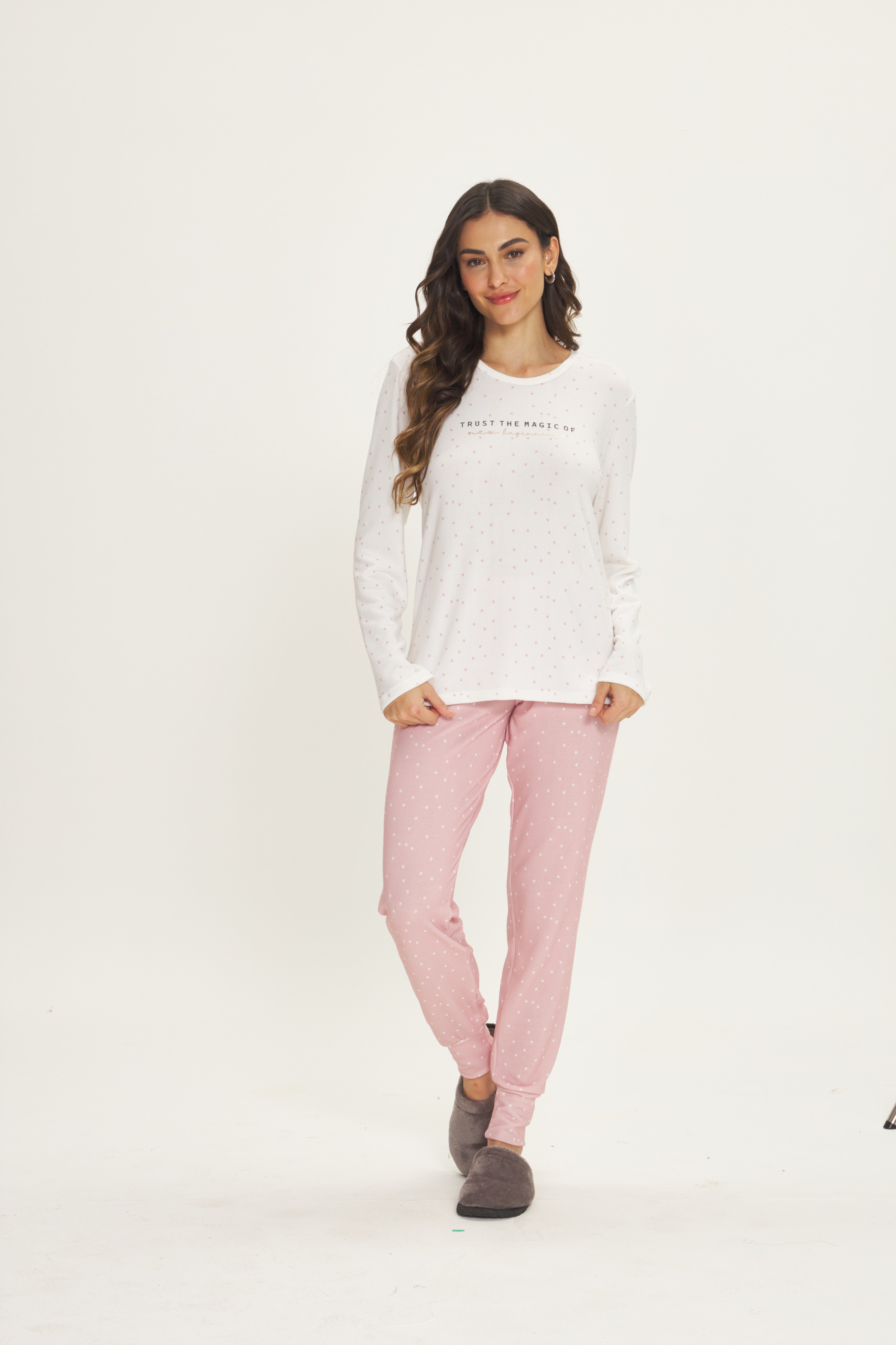Pijama Jovial Manga Longa com Calça em Malha Tricot Poá Rosa – Danka® 01.2.0590