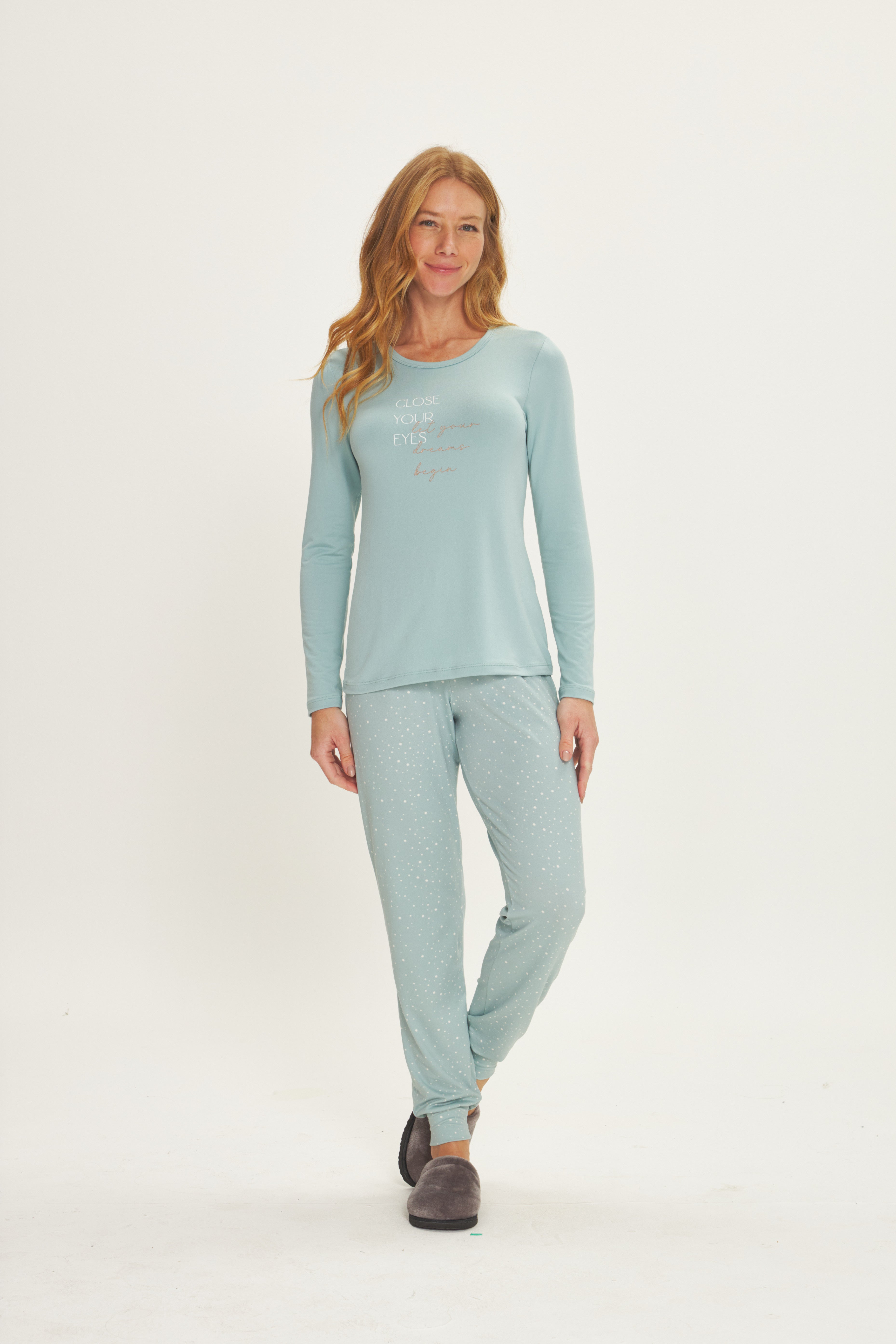 Pijama Jovial Manga Longa com Calça Peach Touch Verde Poá – Danka® 01.2.0602