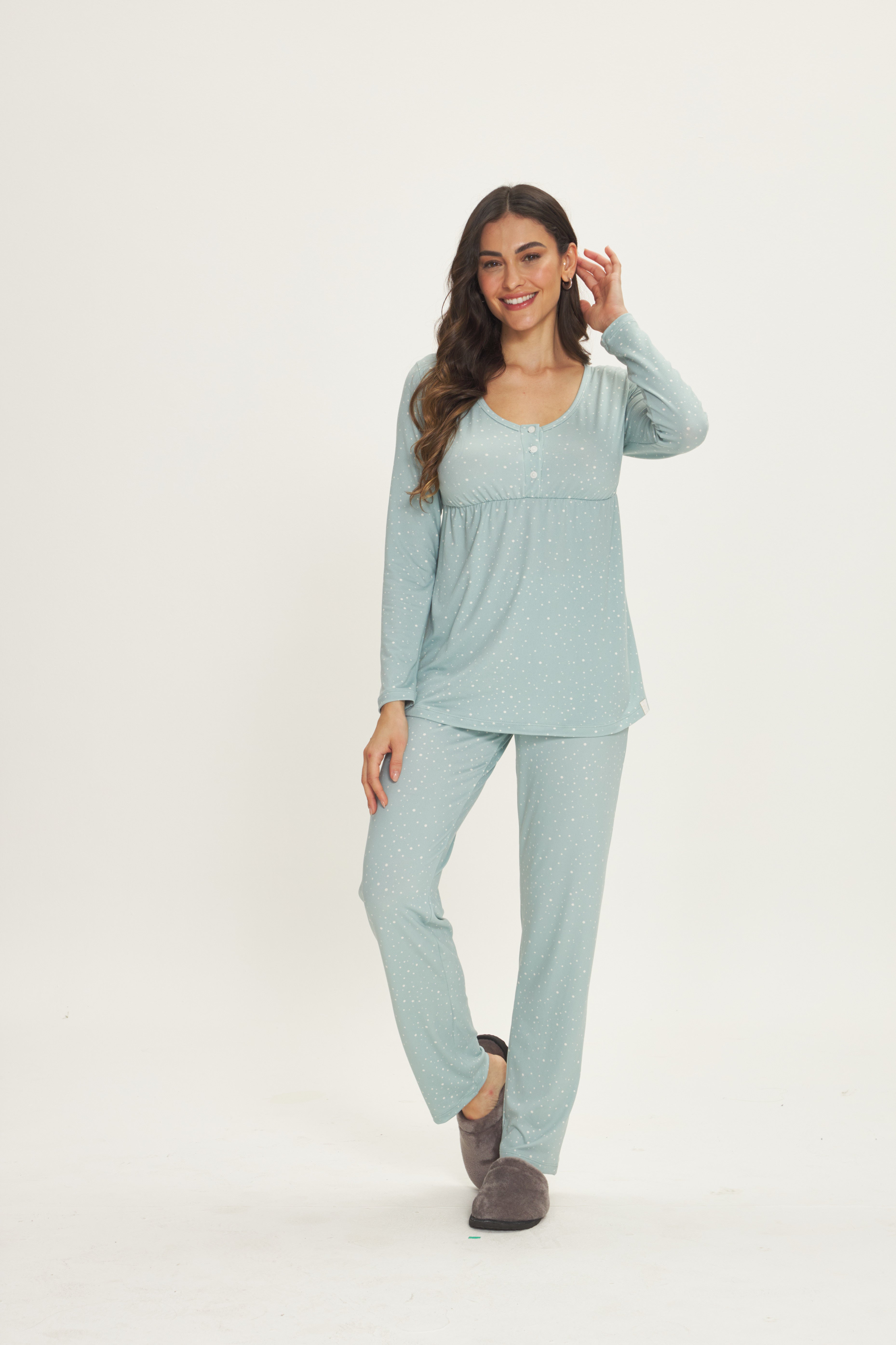 Pijama Gestante Manga Longa com Calça Peach Touch Poá Verde – Danka® 01.2.0605