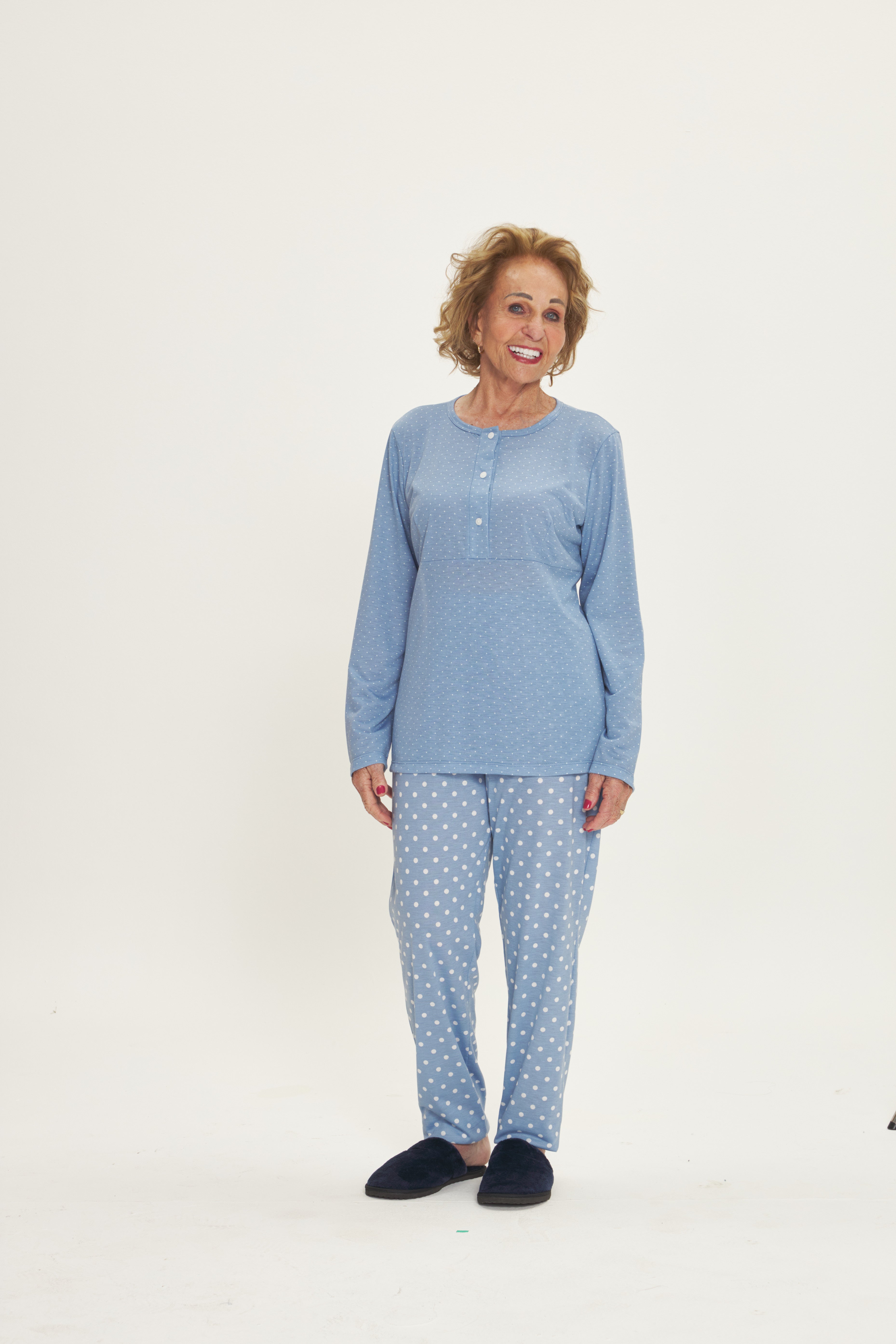 Pijama Senhora Manga Longa com Calça em Poliviscose Poá Azul Claro – Danka® 01.2.0611