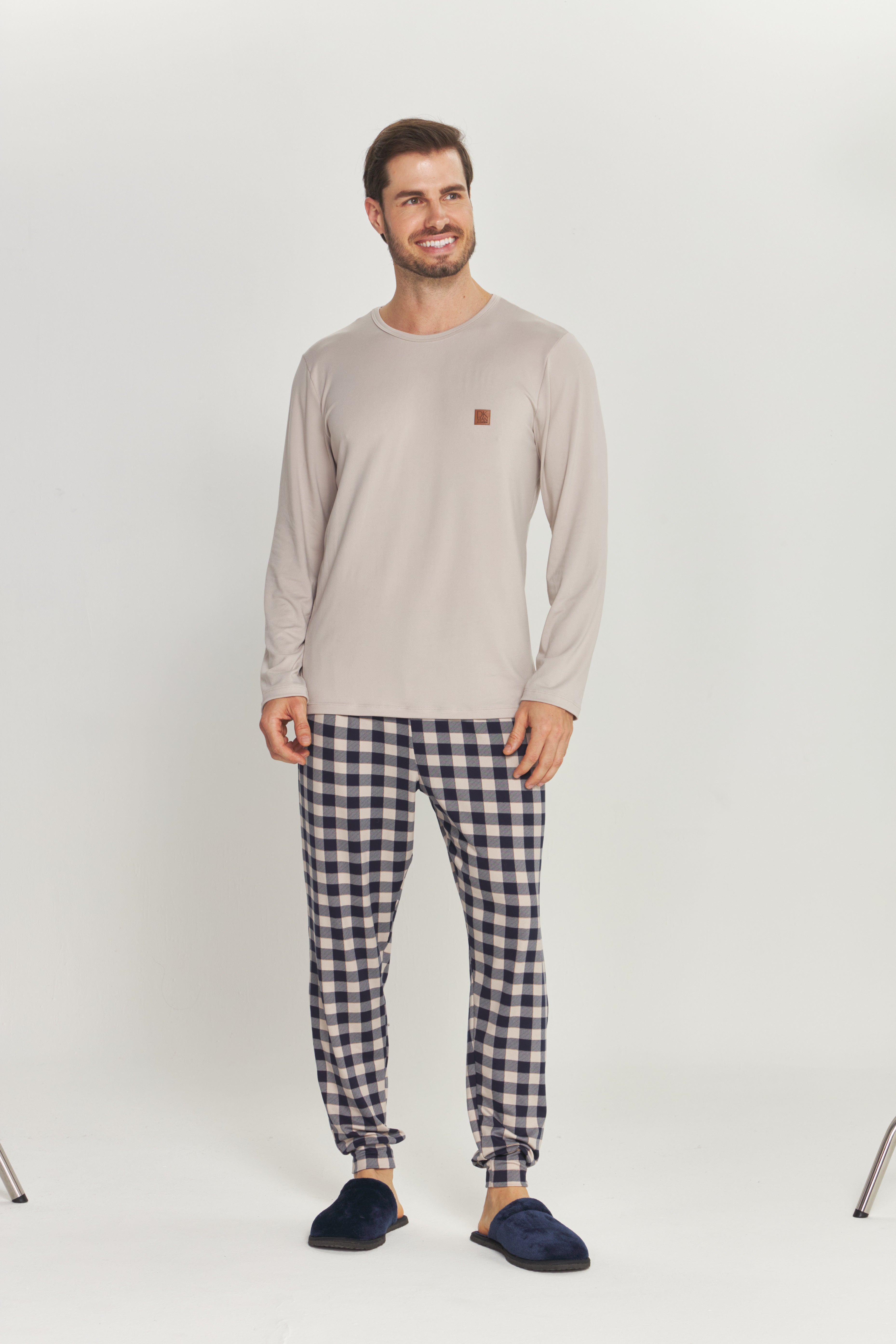 Pijama Masculino Manga Longa com Calça Peach Touch Cinza e Xadrez – Danka® 01.2.0616