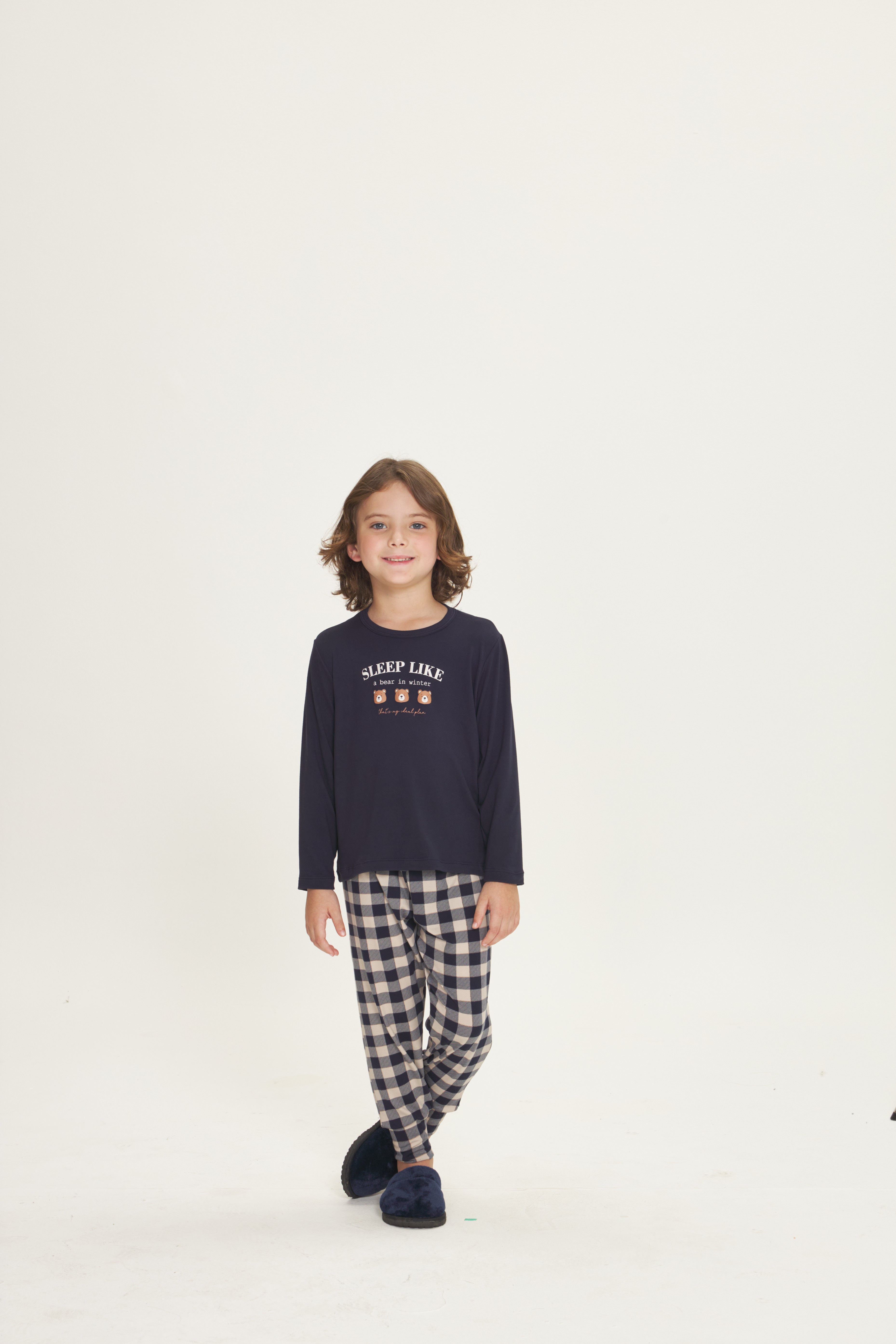 Pijama Infantil Masculino Manga Longa com Calça Peach Touch Xadrez Marinho – Danka® 01.2.0618/19