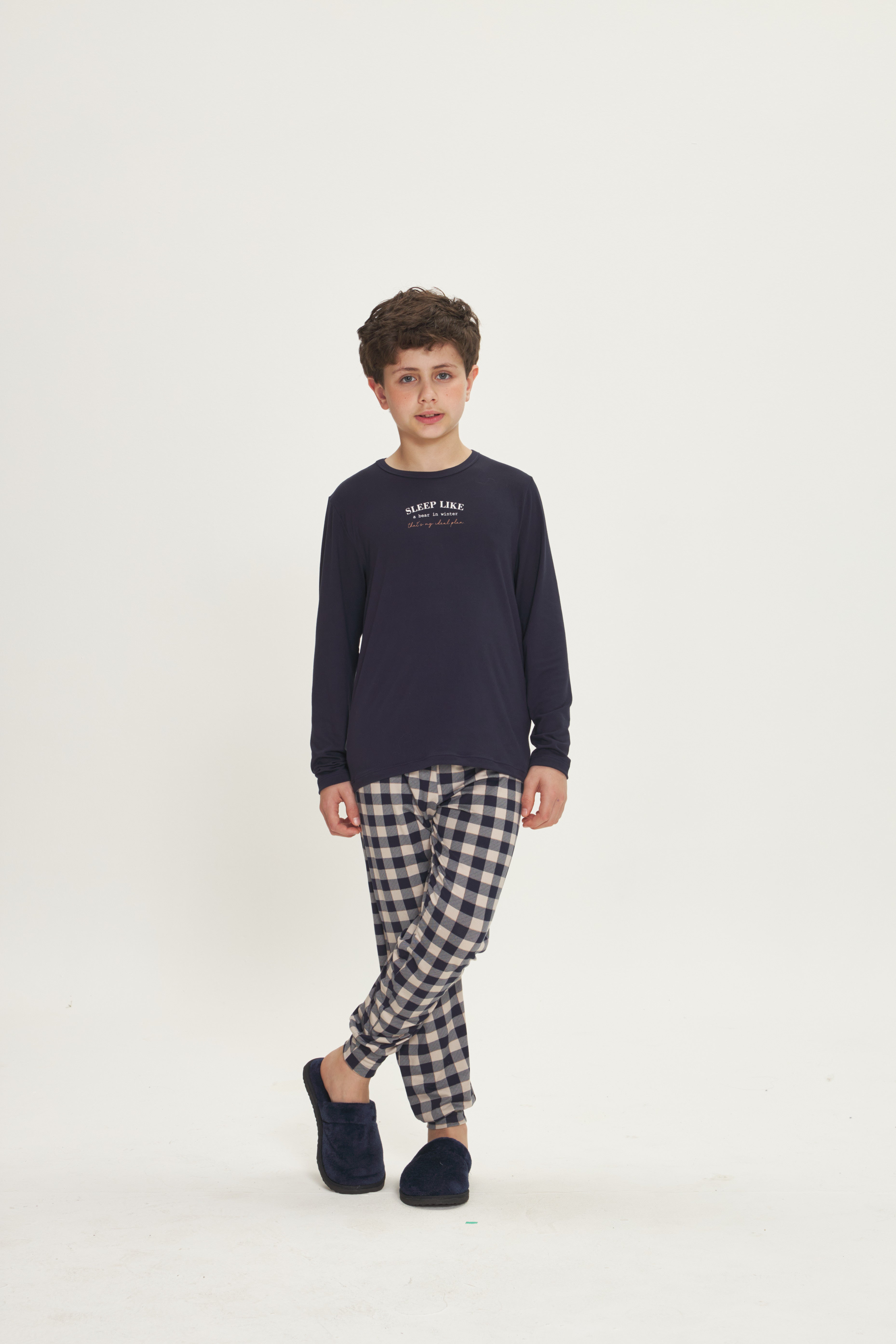 Pijama Infantil Masculino Manga Longa com Calça Peach Touch Xadrez Marinho – Danka® 01.2.0618/19