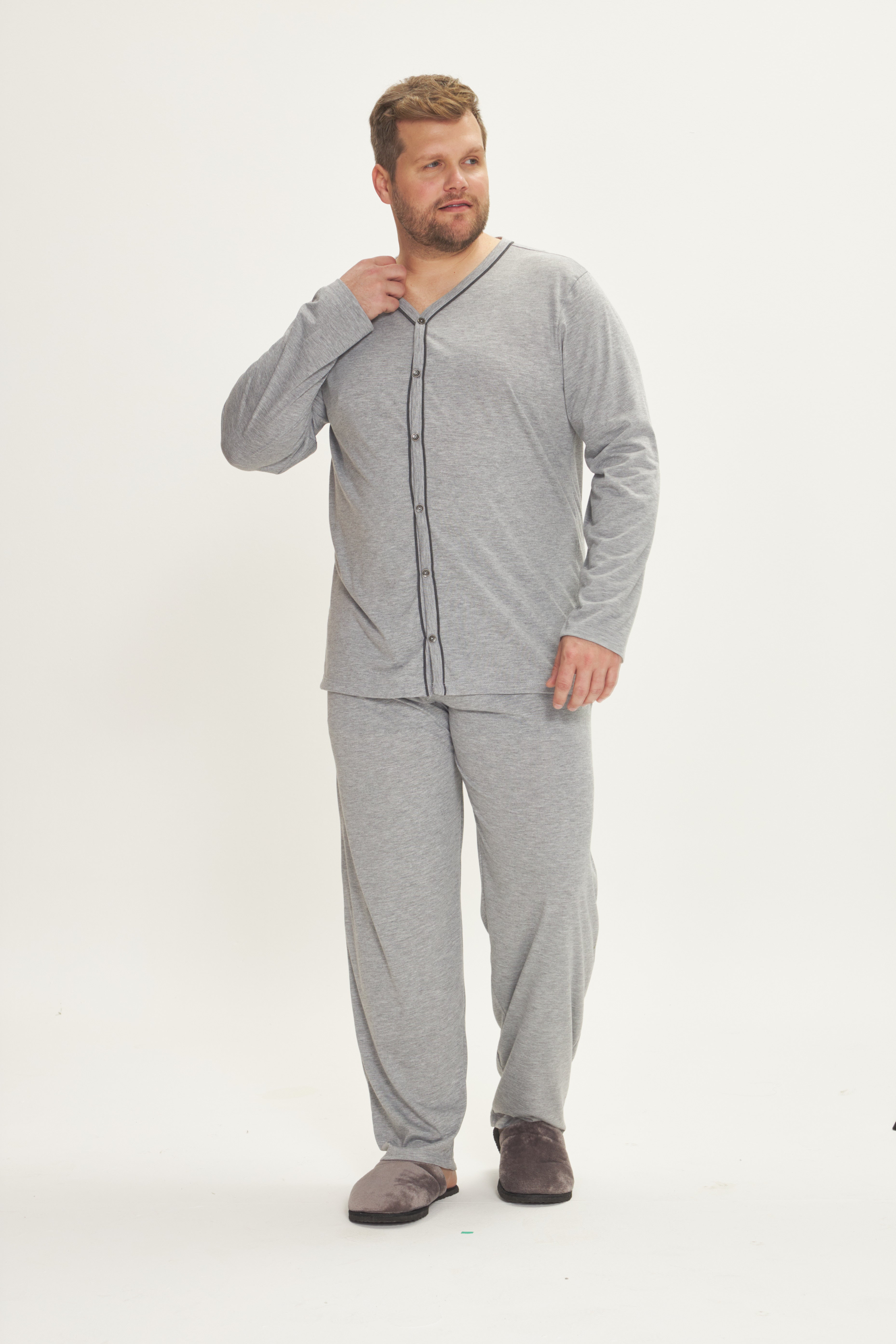 Pijama Masculino Plus Size Manga Longa Aberto com Calça em Poliviscose Mescla – Danka® 01.2.0630
