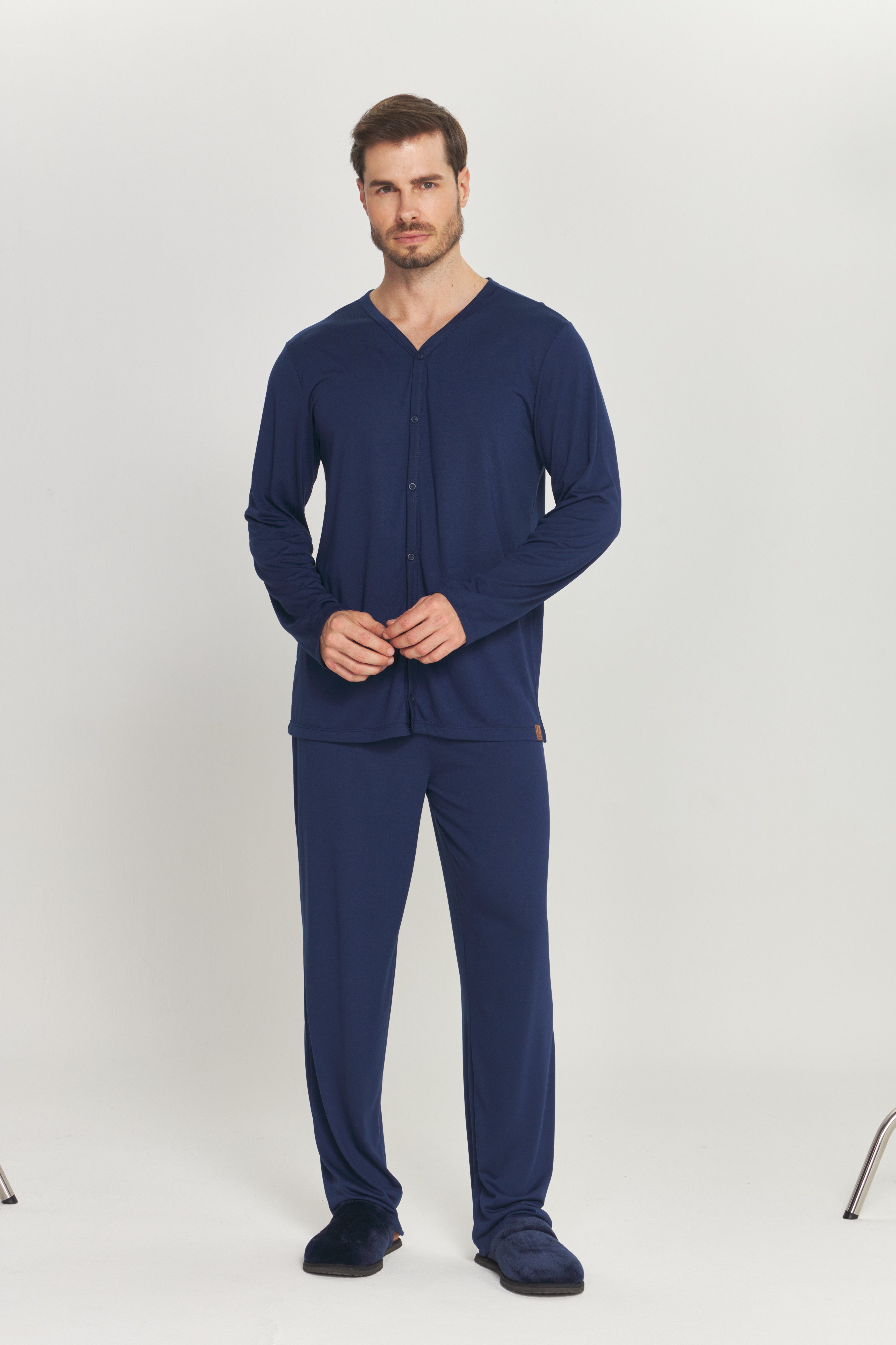 Pijama Masculino Manga Longa com Calça Abertura Frontal Liso Marinho – Danka® 01.2.0632