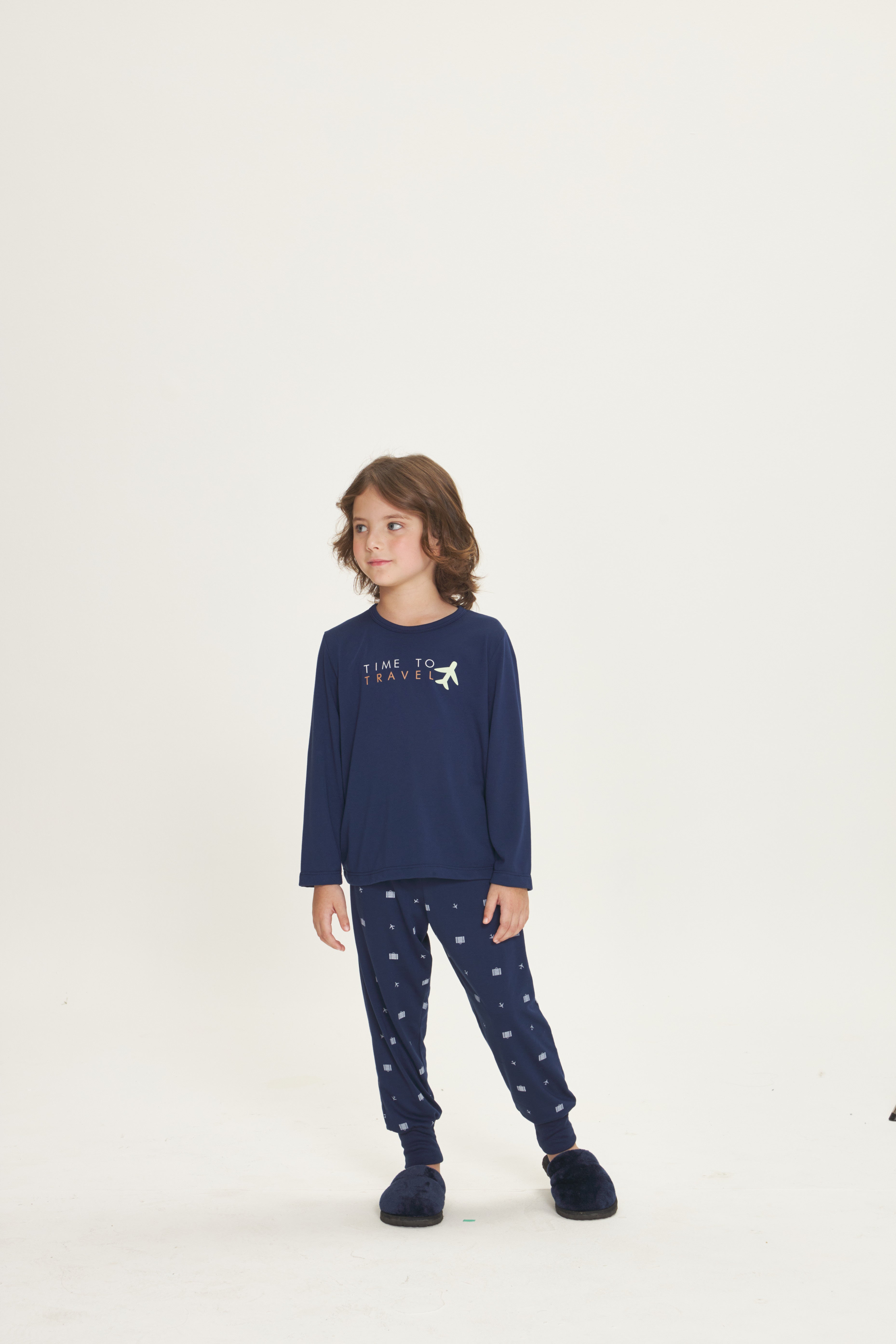Pijama Infantil Masculino Manga Longa com Calça Poliviscose Marinho Time to Travel – Danka® 01.2.0633/34