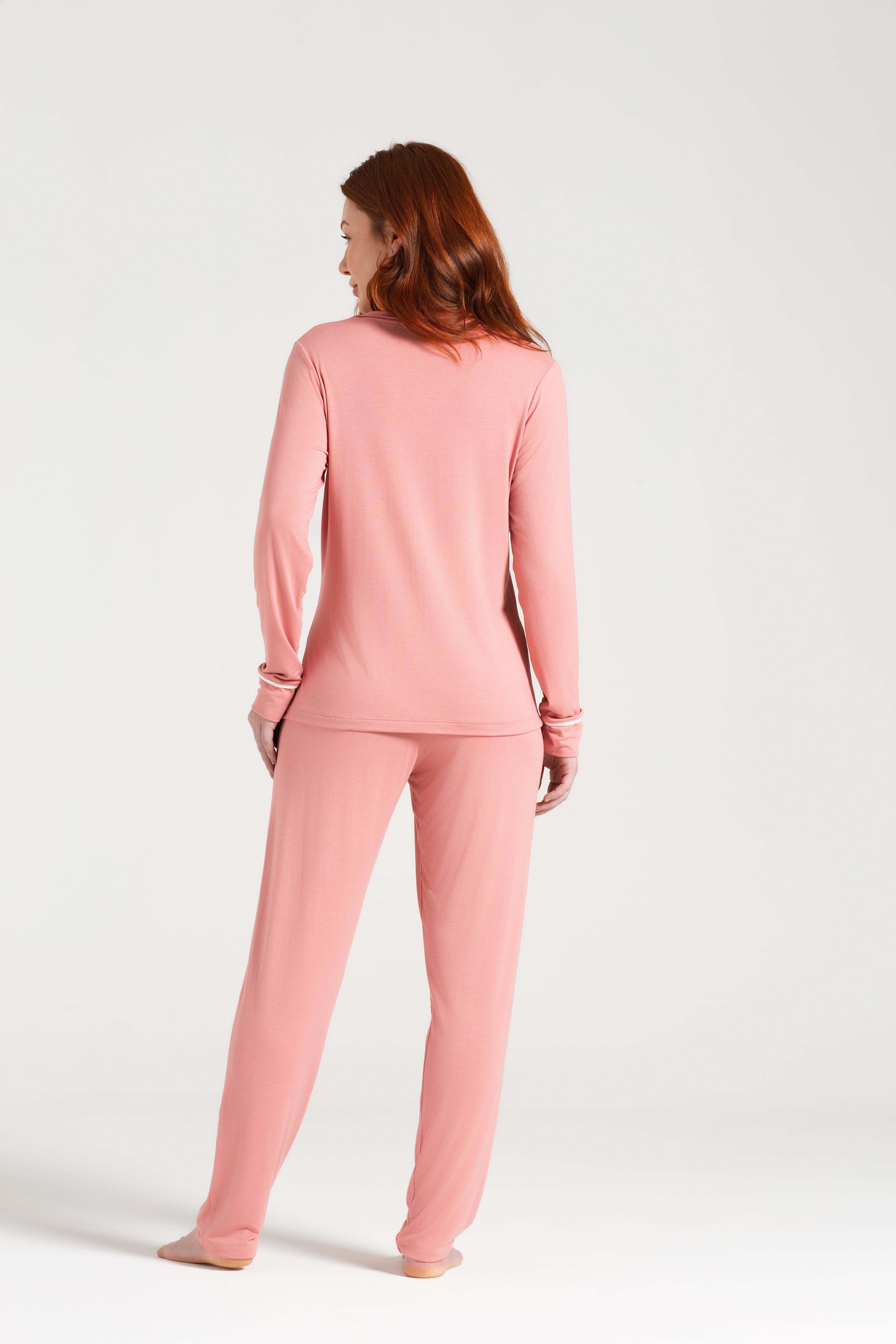 Pijama Feminino Manga Longa com Abertura Frontal e Calça em Viscolycra Rosa Pzama® 040585 - COR 02