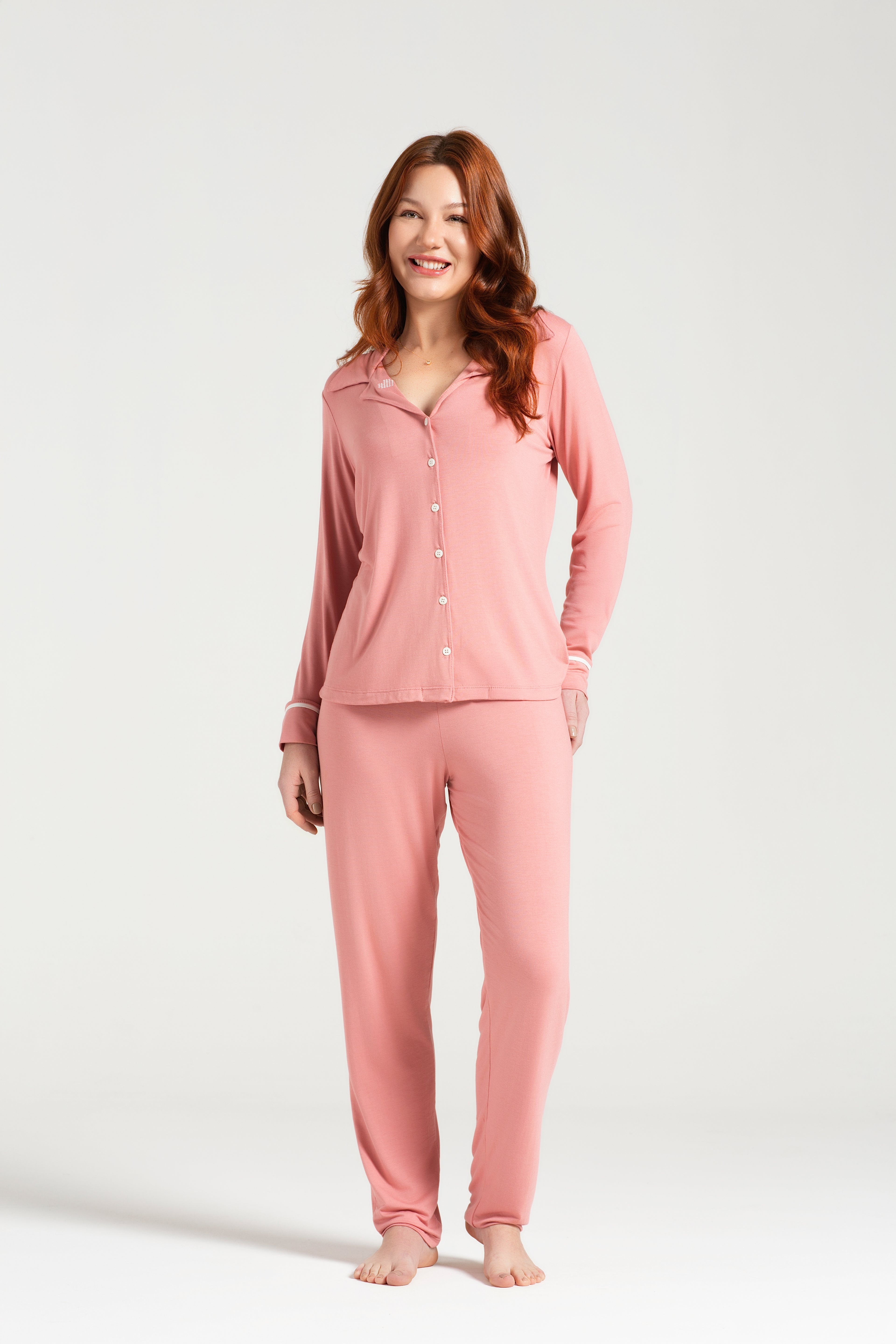 Pijama Feminino Manga Longa com Abertura Frontal e Calça em Viscolycra Rosa Pzama® 040585 - COR 02